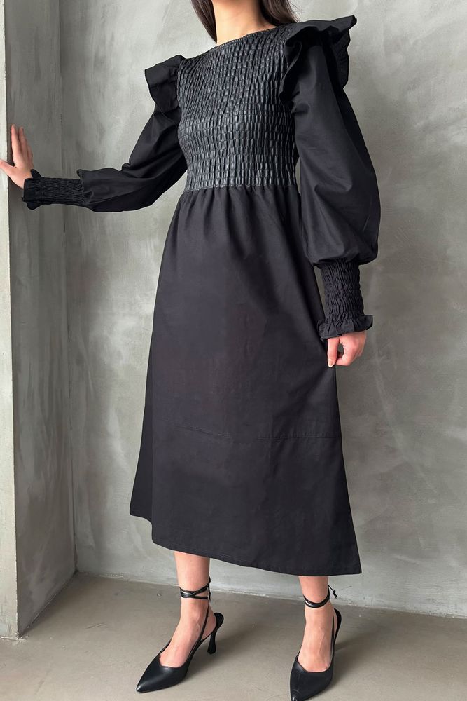 Black Size Leather Sleeve Skirt Poplin Dress - Producer: Topshow - Wholesale Women Clothes - TheBS Women