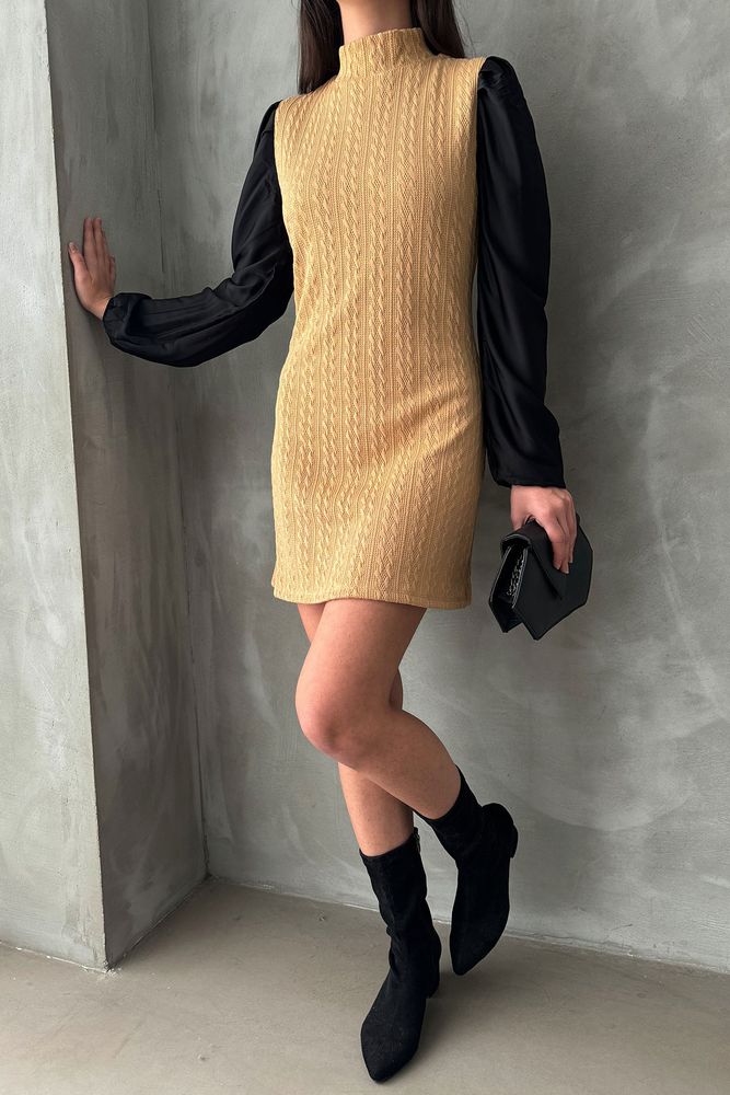 Sleeves Leather Turtleneck Above Knee Dress - Producer: Topshow - Wholesale Women Clothes - TheBS Women