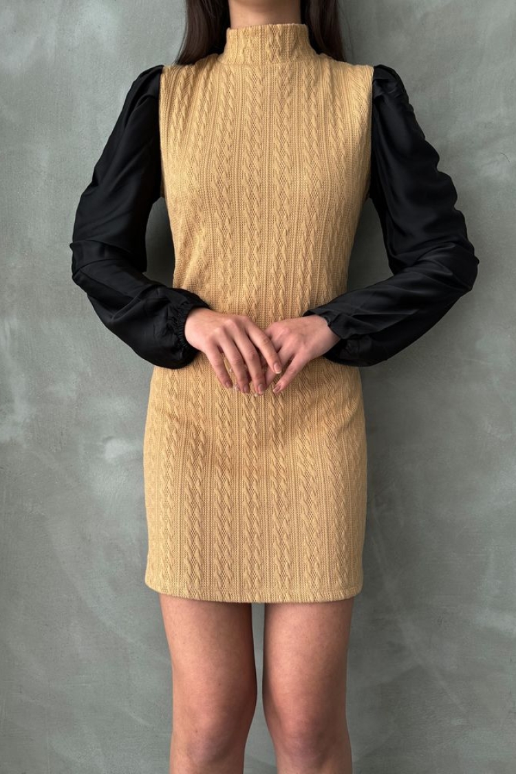 Sleeves Leather Turtleneck Above Knee Dress - Producer: Topshow - Wholesale Women Clothes - TheBS Women