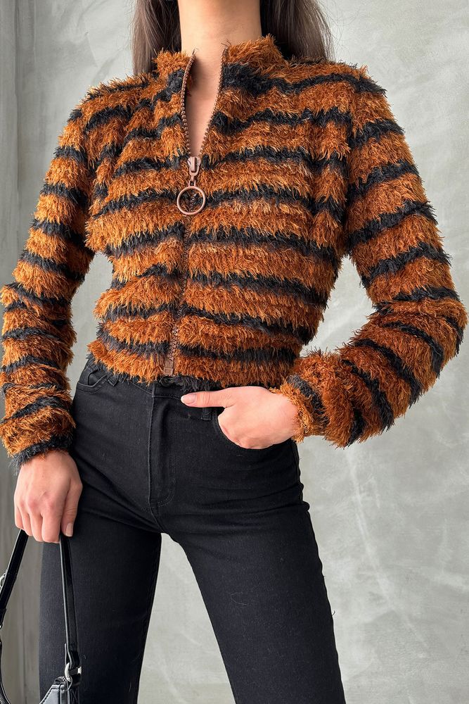 Brown Black Striped Zippered Plush Coat - Producer: Topshow - Wholesale Women Clothes - TheBS Women