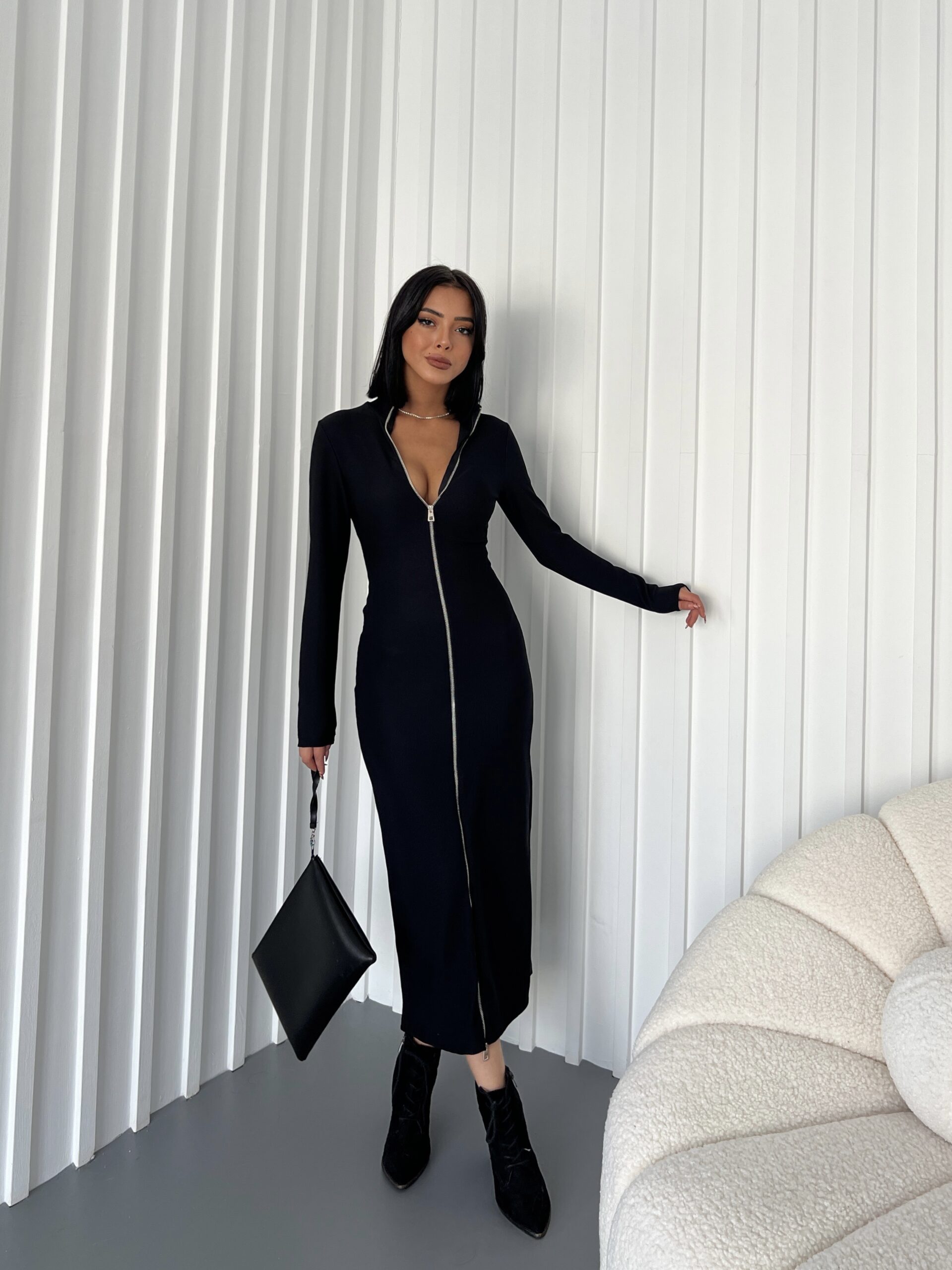 Zipper Detail Black Long Sleeve Black Dress - Brand: Fiori - Women & Kids, Baby Clothes Wholesale - TheBS Women