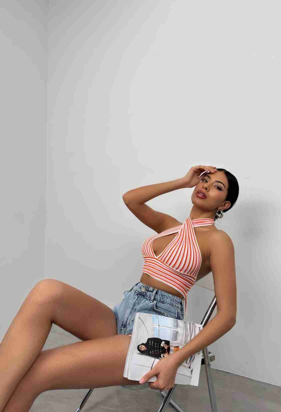 Striped Neck Tie Crop - Salmon - Brand: Black Fashion - Women & Kids, Baby Clothes Wholesale - TheBS Women