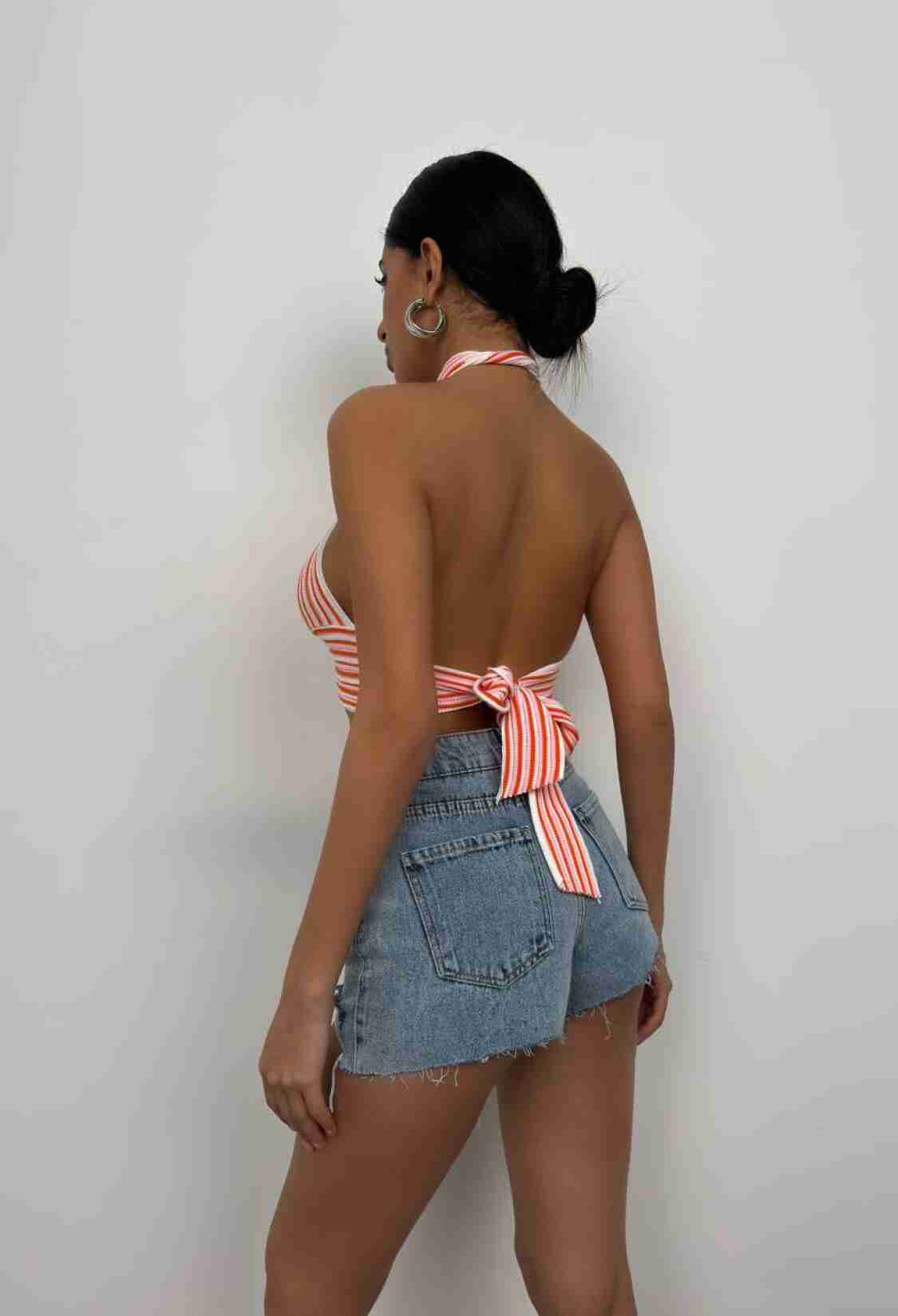 Striped Neck Tie Crop - Salmon - Brand: Black Fashion - Women & Kids, Baby Clothes Wholesale - TheBS Women