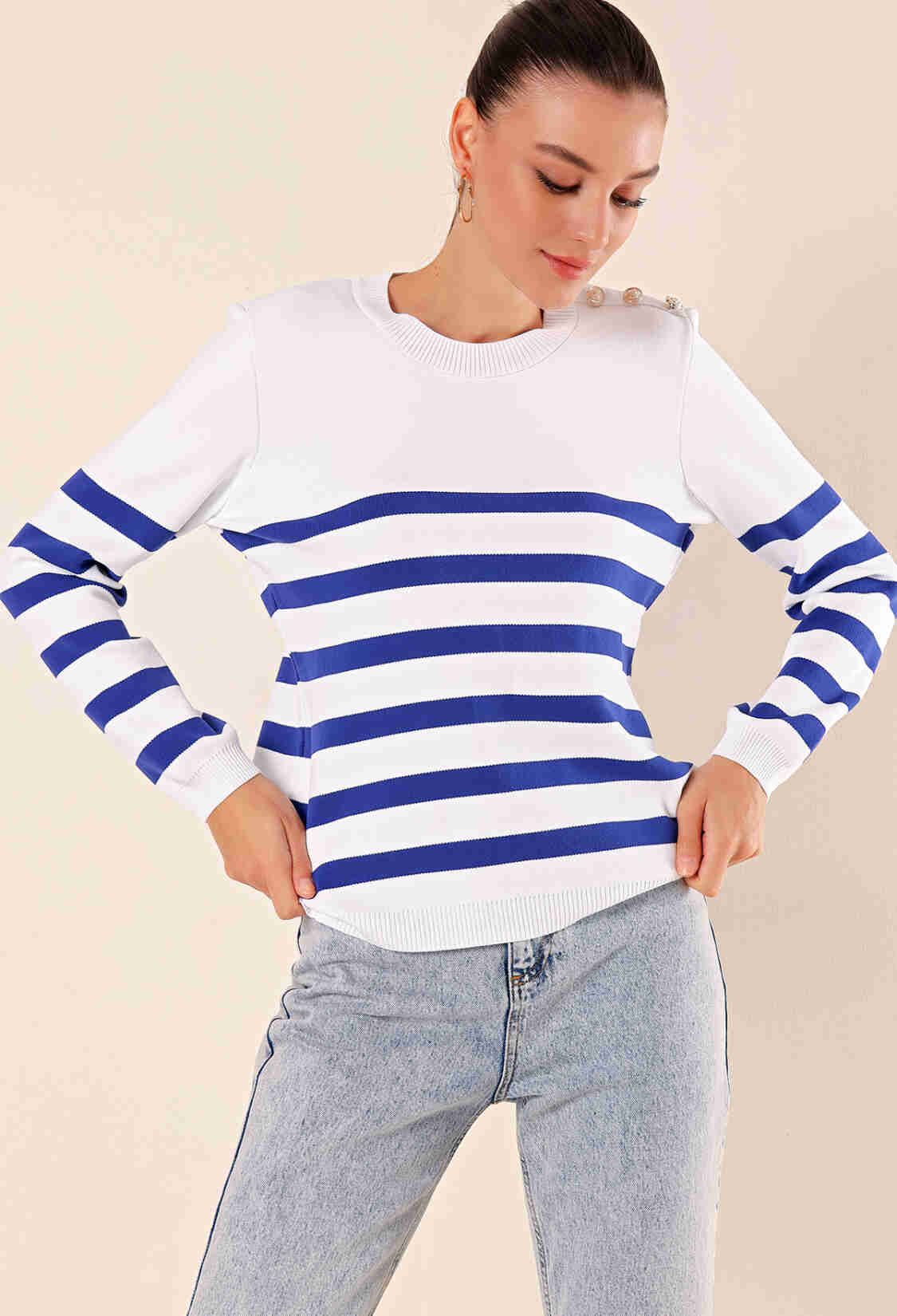 Button Detailed Striped Sweater - C.saks - Brand: Bigdart - Women & Kids, Baby Clothes Wholesale - TheBS Women