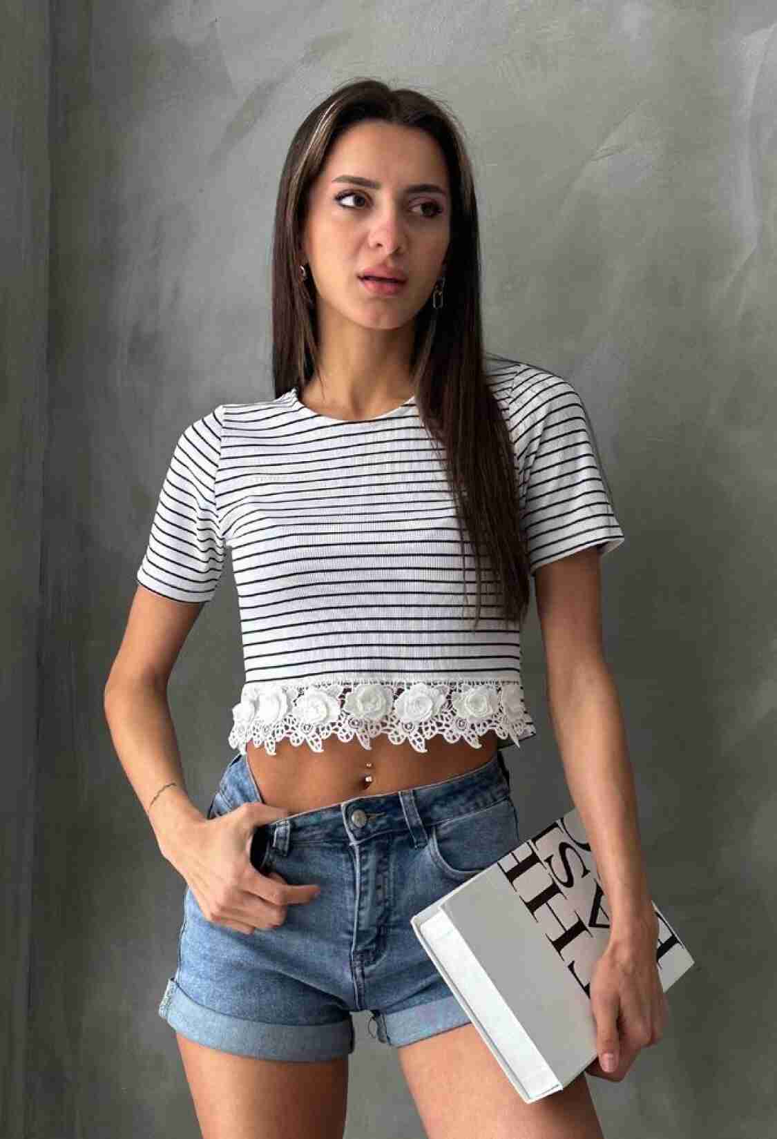 Cream Guipure Detailed Striped T-Shirt - Brand: Topshow - Women & Kids, Baby Clothes Wholesale - TheBS Women