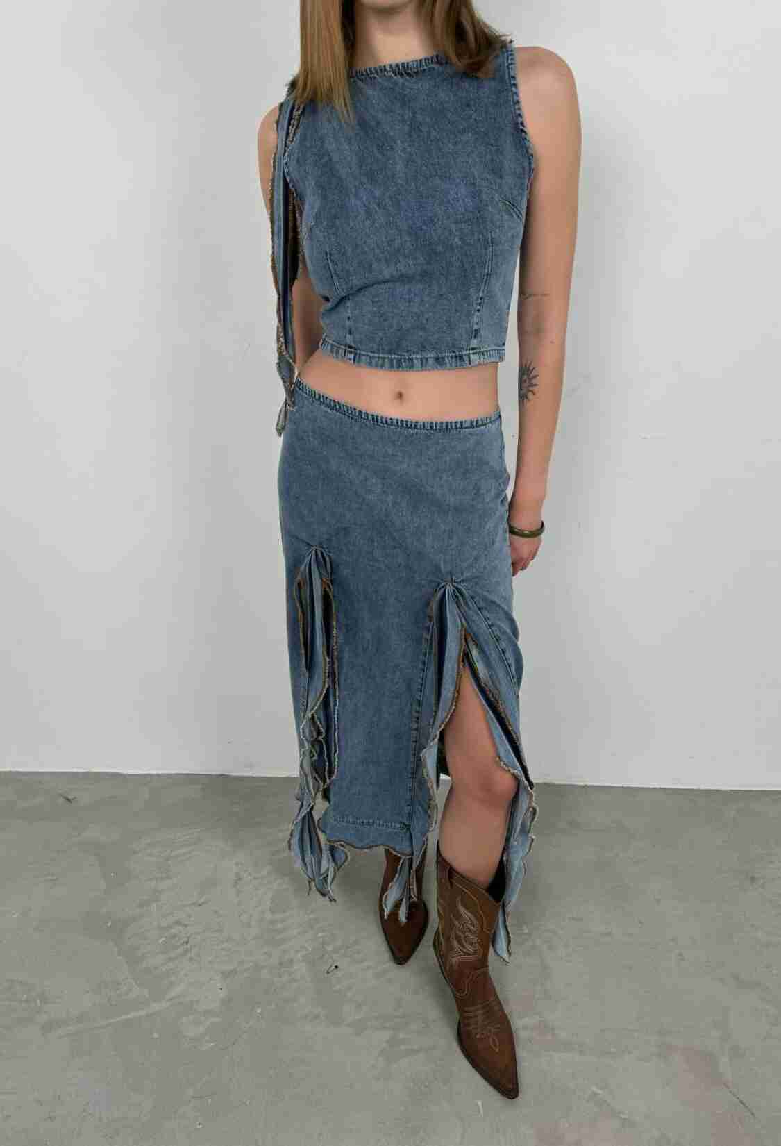 Ruffle Detail Denim Blouse - Light - Brand: Black Fashion - Women & Kids, Baby Clothes Wholesale - TheBS Women