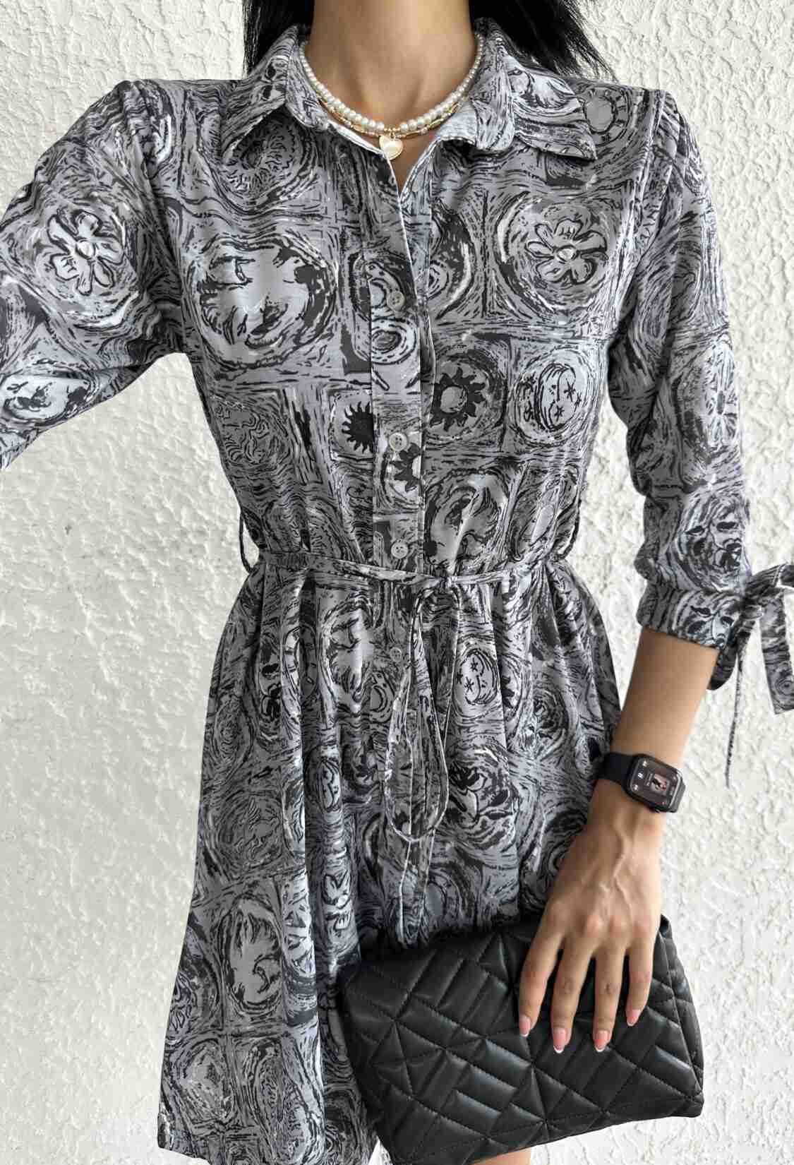 Shawl Pattern Shirt Collar Lace Detailed Buttoned Dress - Brand: Fiori - Women & Kids, Baby Clothes Wholesale - TheBS Women