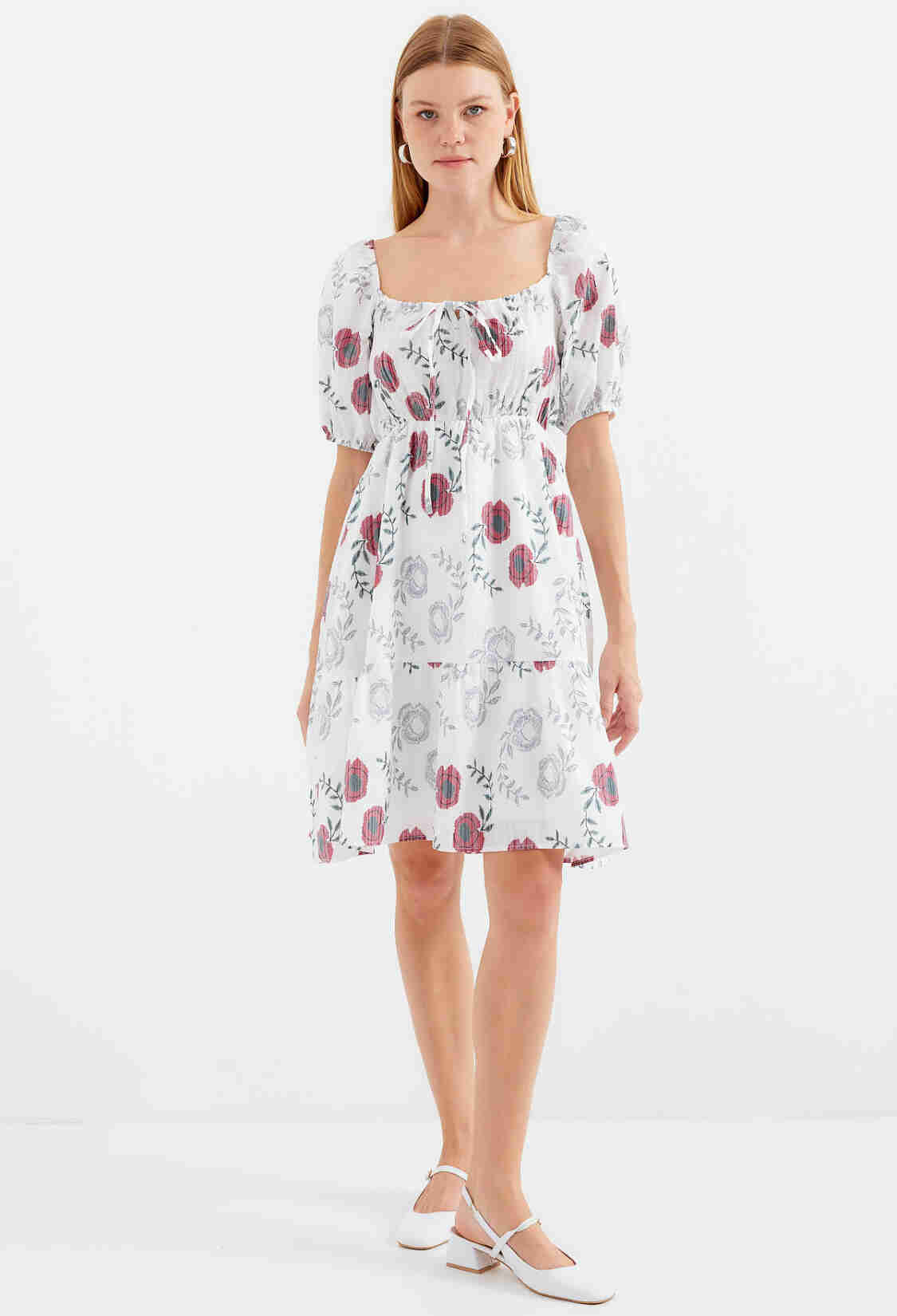 Patterned Mini Flared Dress - Ecru - Brand: Bigdart - Women & Kids, Baby Clothes Wholesale - TheBS Women