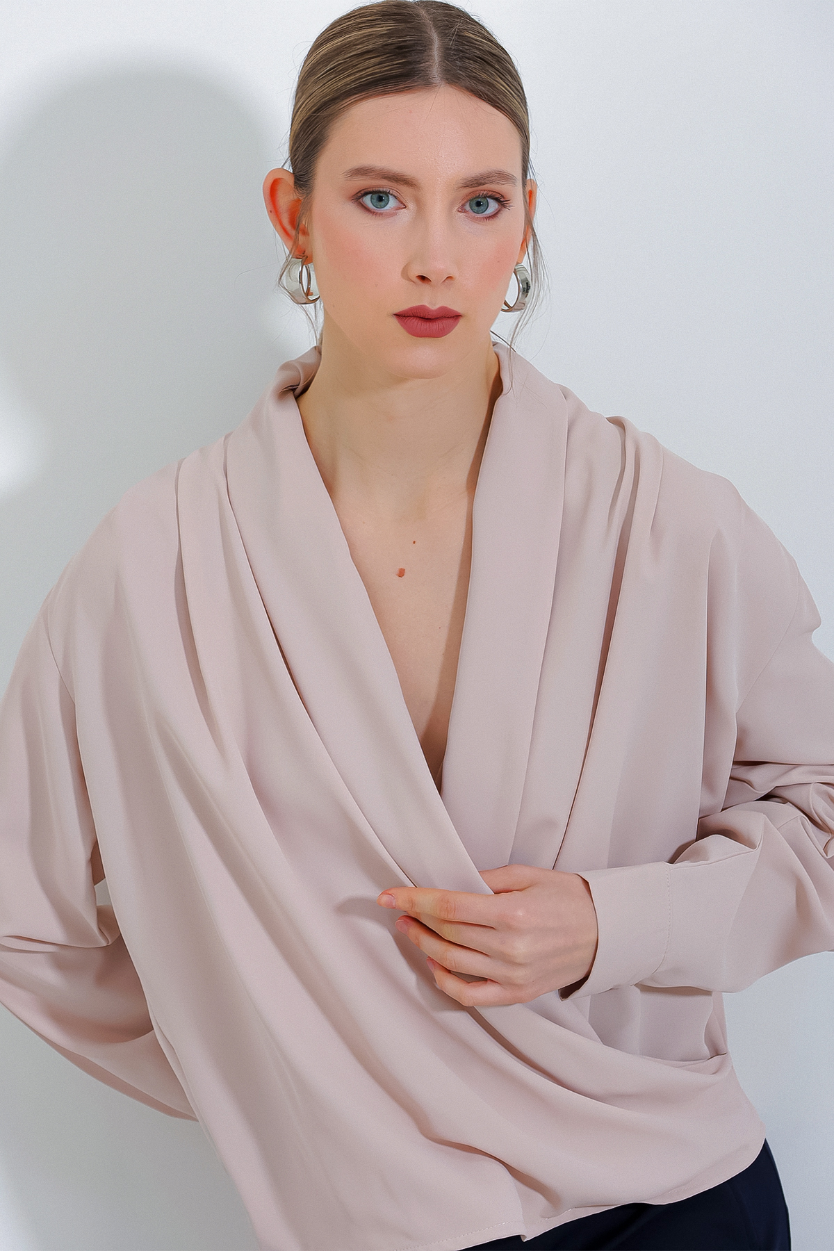 Cream Double Breasted Collar Flowy Satin Blouse 0492 - Brand: Bigdart - Women & Kids, Baby Clothes Wholesale - TheBS Women