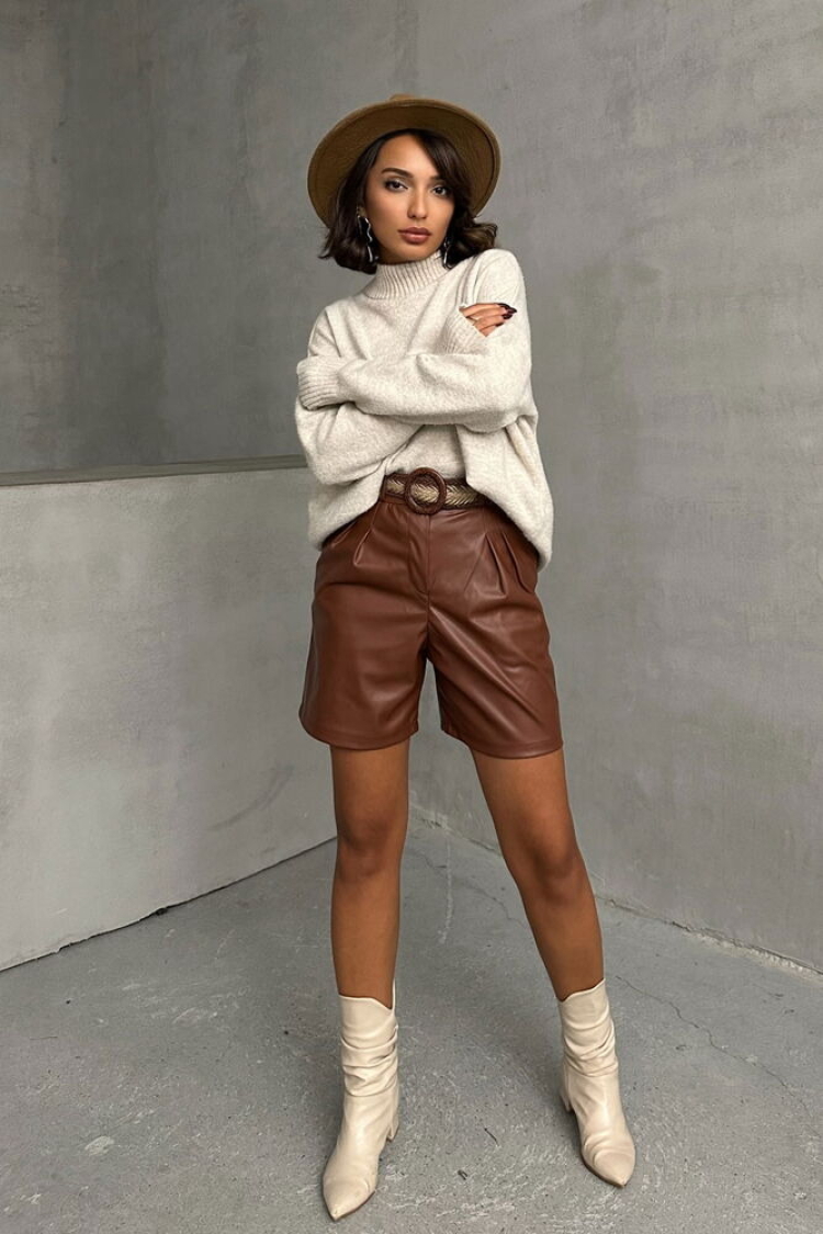 Tan Belted Leather Shorts - Brand: Topshow - Women & Kids, Baby Clothes Wholesale - TheBS Women