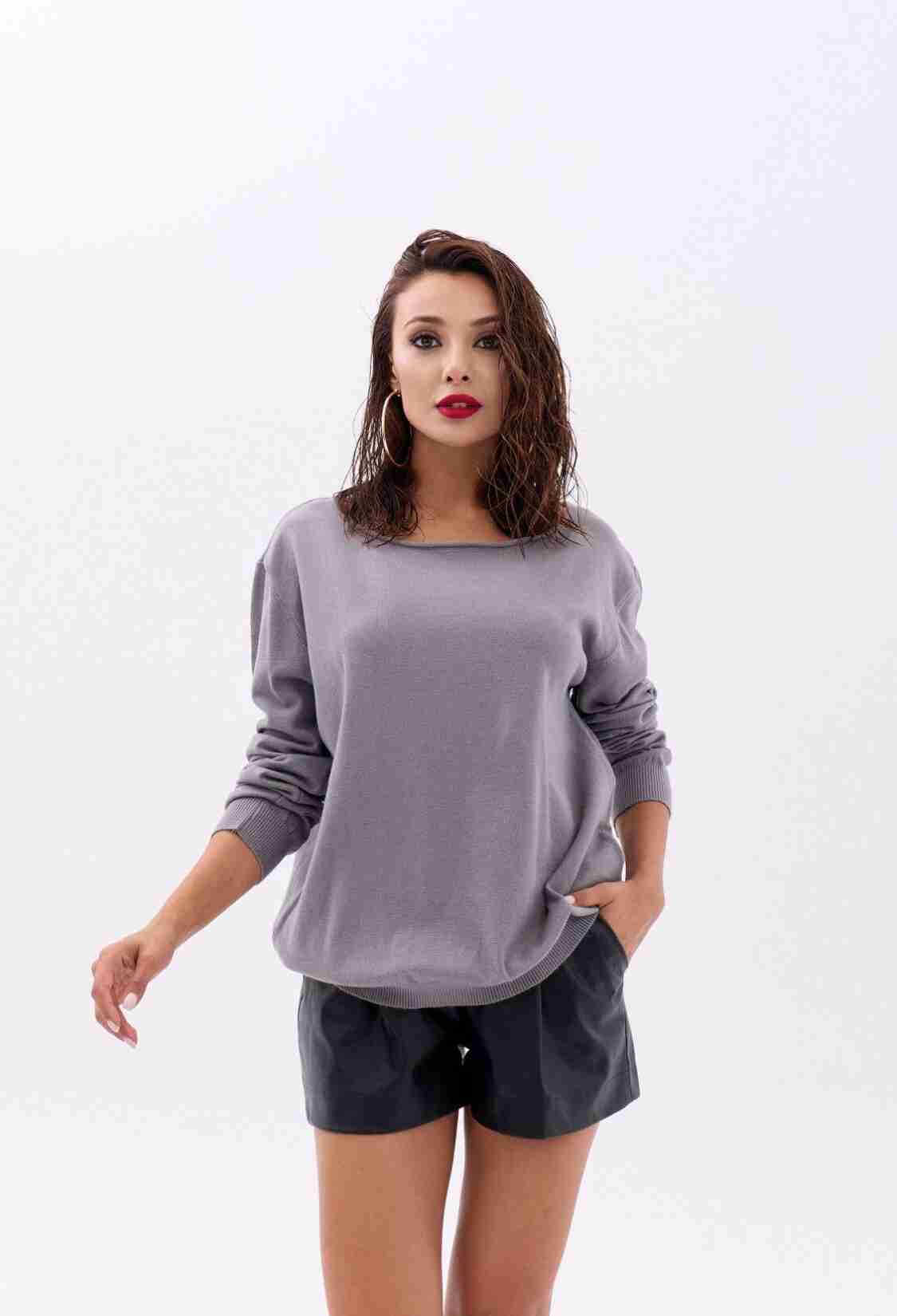 Knitted Plain Casual Sweater - Gray - Brand: Fame - Women & Kids, Baby Clothes Wholesale - TheBS Women