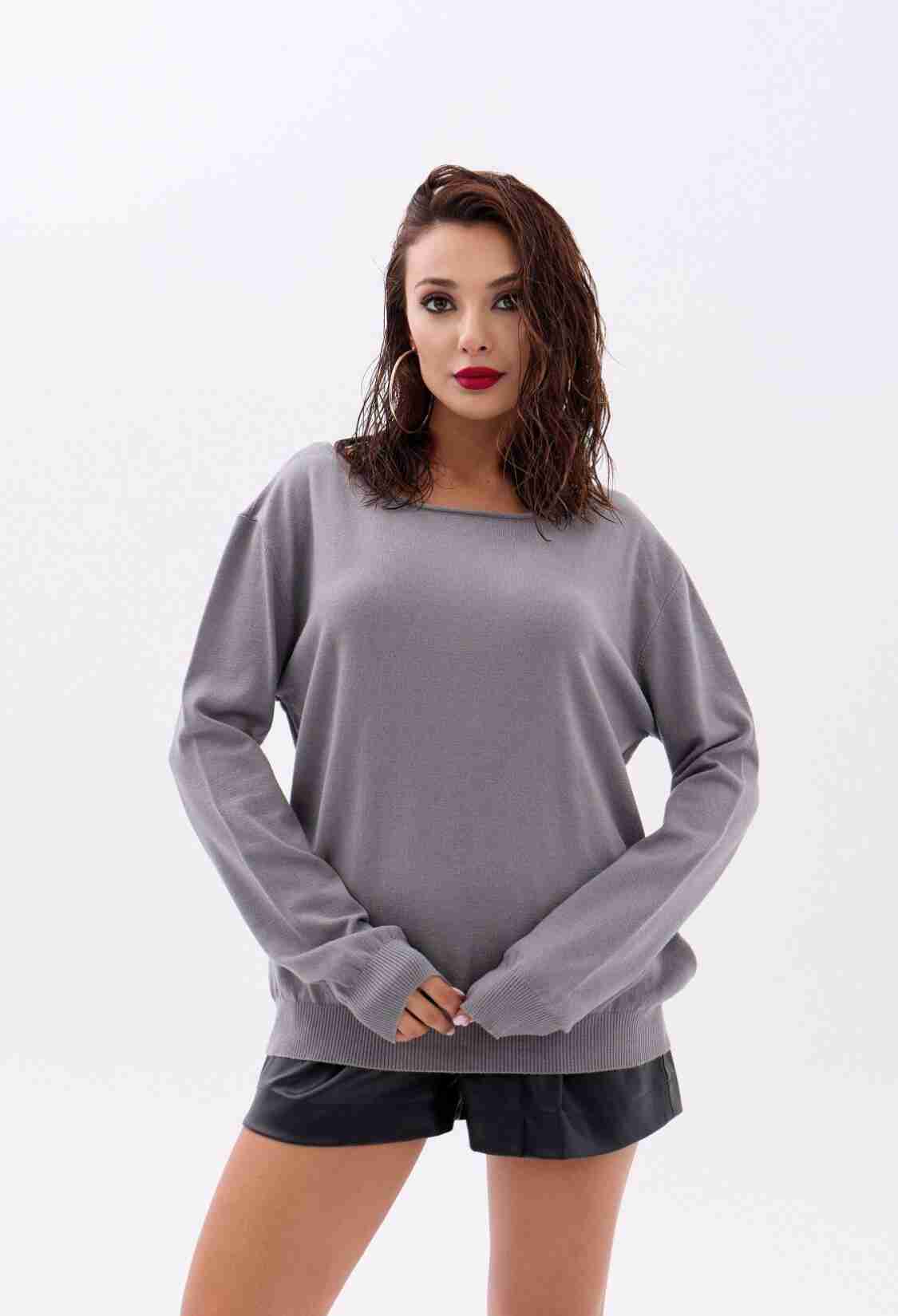 Knitted Plain Casual Sweater - Gray - Brand: Fame - Women & Kids, Baby Clothes Wholesale - TheBS Women