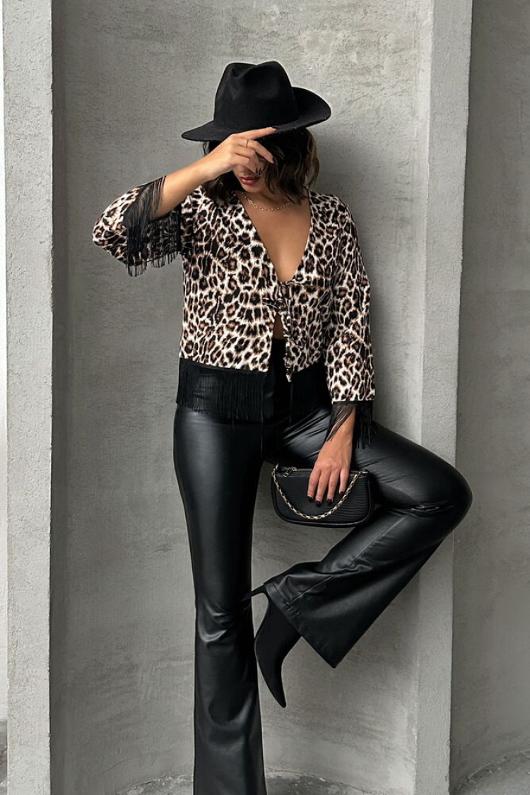 Leopard Patterned Fringed Front Tie Jacket - Brand: Topshow - Women & Kids, Baby Clothes Wholesale - TheBS Women