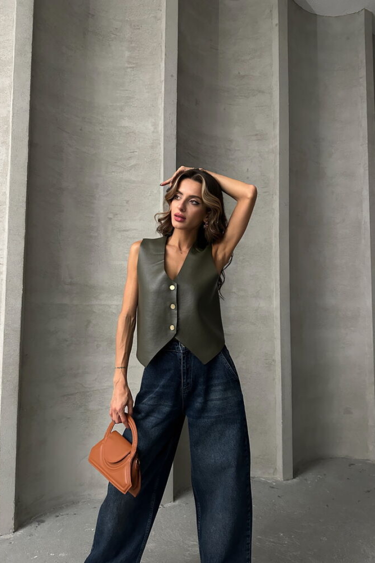 Button Detailed Leather Vest - Brand: Topshow - Women & Kids, Baby Clothes Wholesale - TheBS Women