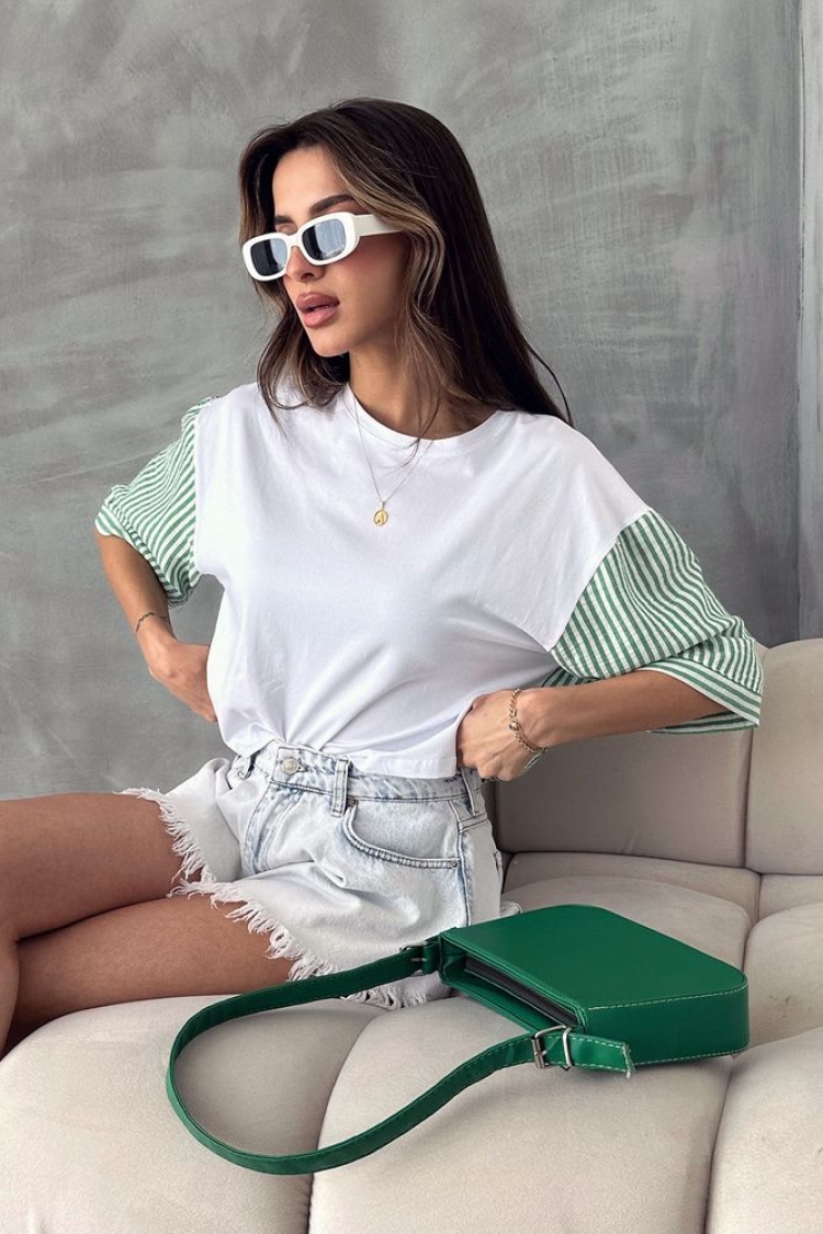 Emerald Striped Poplin Sleeve T-shirt - Brand: Topshow - Women & Kids, Baby Clothes Wholesale - TheBS Women