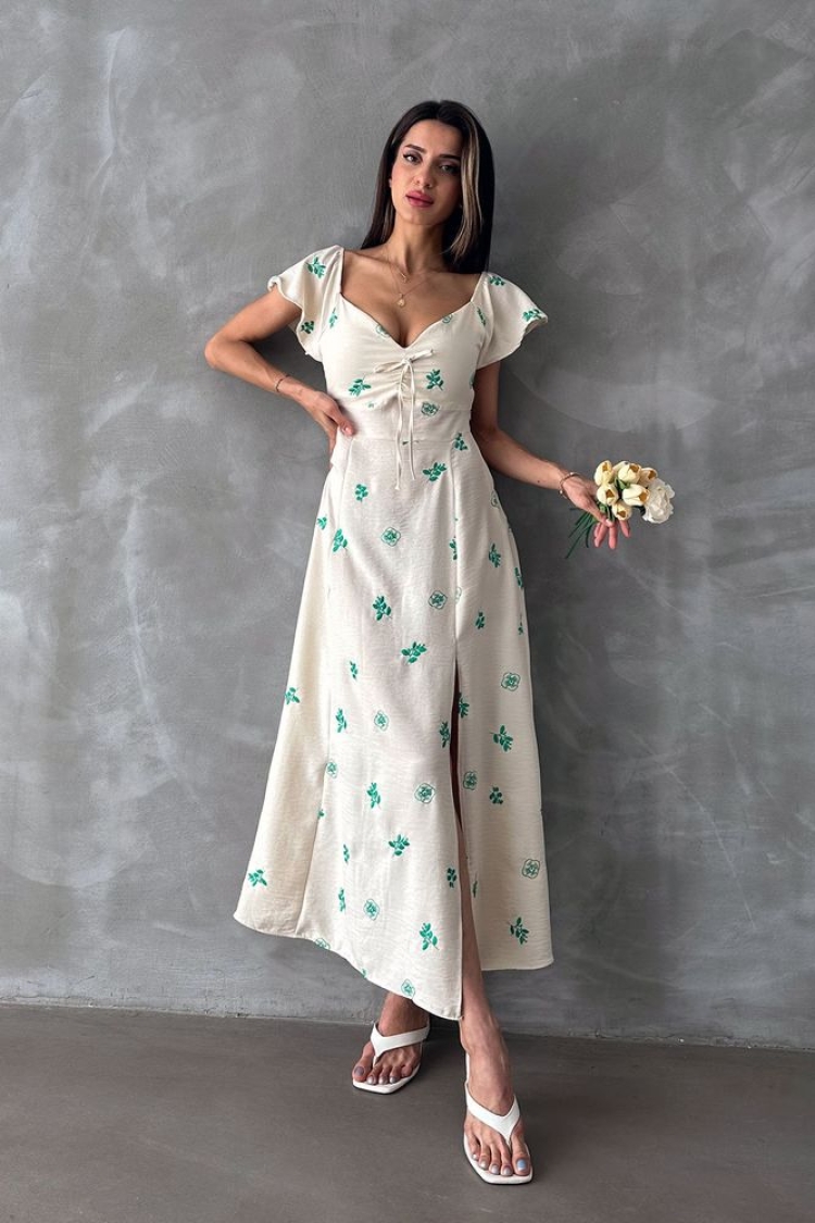 Ruffled Sleeve Tie Dress - Ecru & - Brand: Topshow - Women & Kids, Baby Clothes Wholesale - TheBS Women