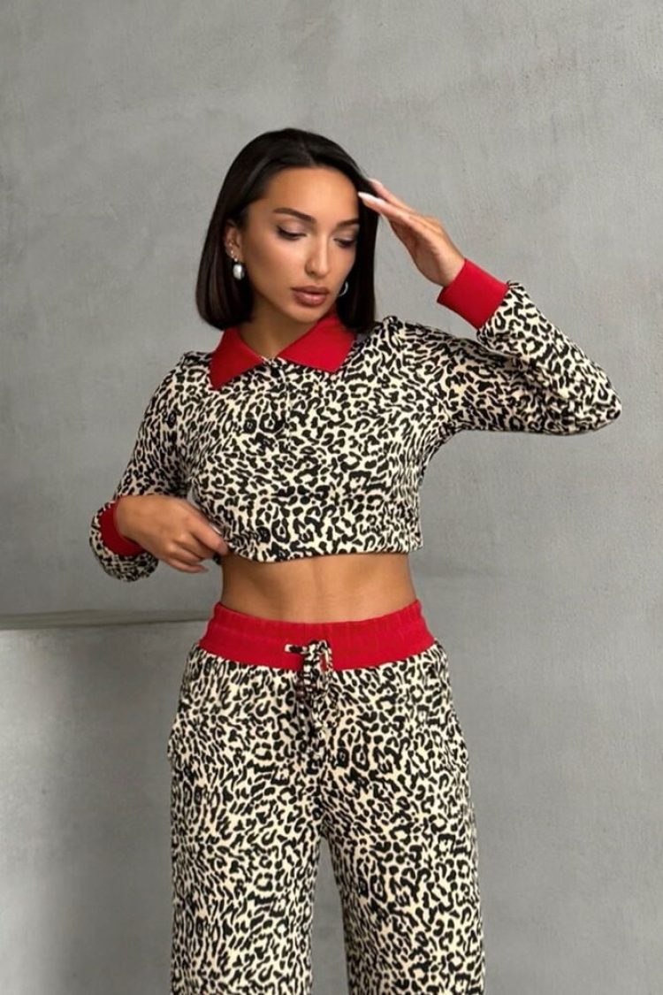 Leopard Patterned Polo Collar Crop Top - Brand: Topshow - Women & Kids, Baby Clothes Wholesale - TheBS Women