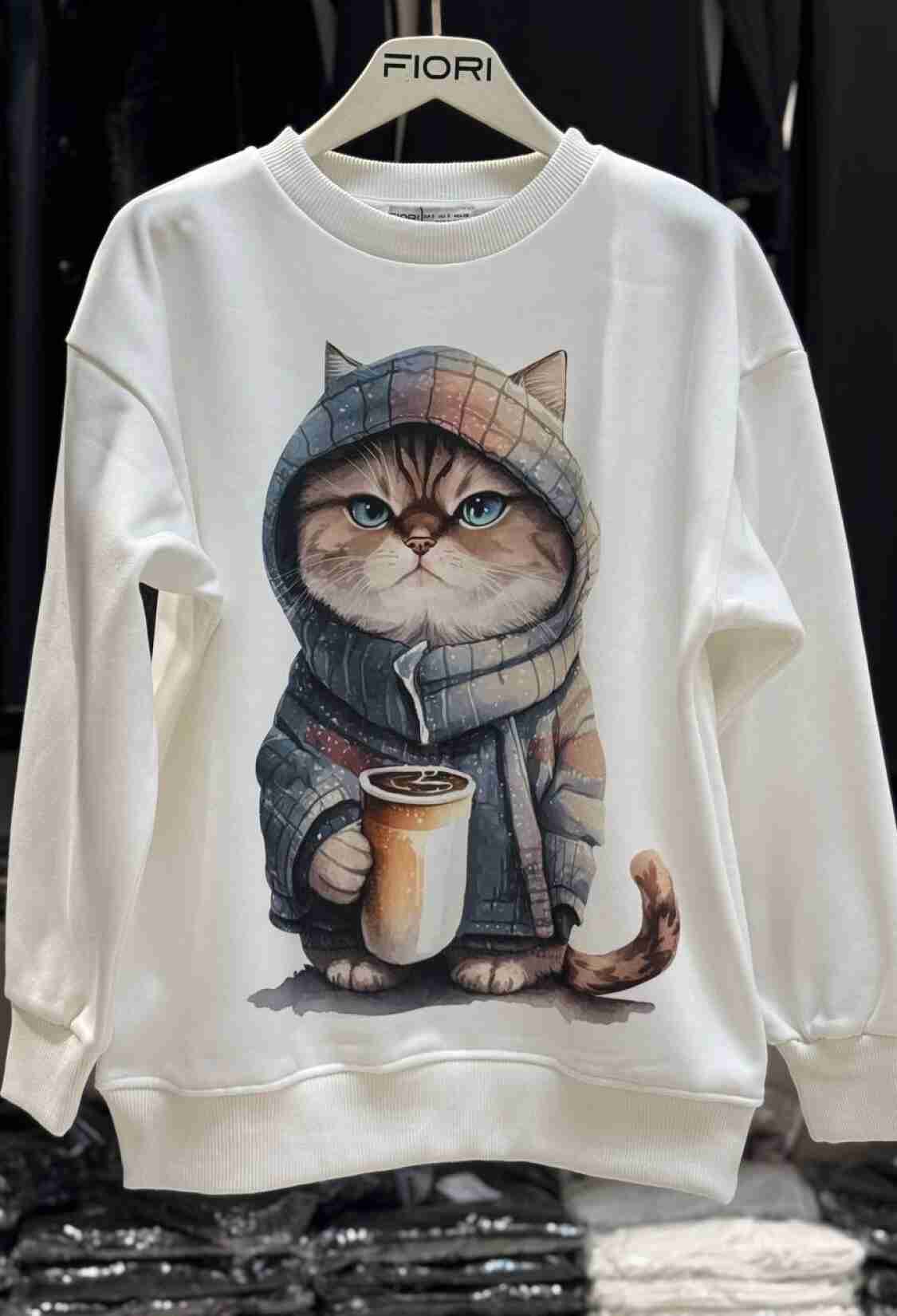 Cat Printed Crew Neck 3 Thread Raised Sweatshirt - Brand: Fiori - Women & Kids, Baby Clothes Wholesale - TheBS Women