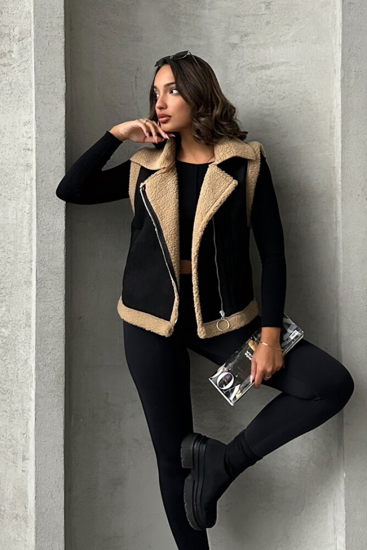 Suede Collar Fur Vest -& Beige - Brand: Topshow - Women & Kids, Baby Clothes Wholesale - TheBS Women