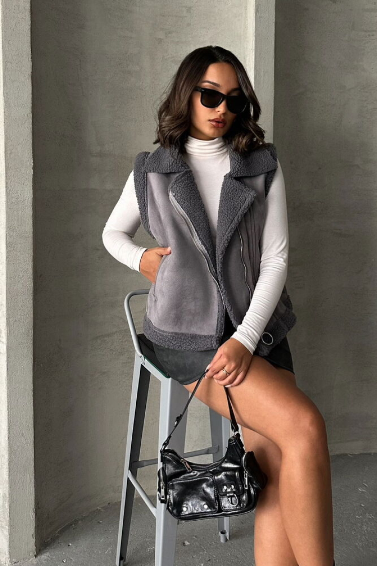 Suede Collar Fur Vest - Gray - Brand: Topshow - Women & Kids, Baby Clothes Wholesale - TheBS Women