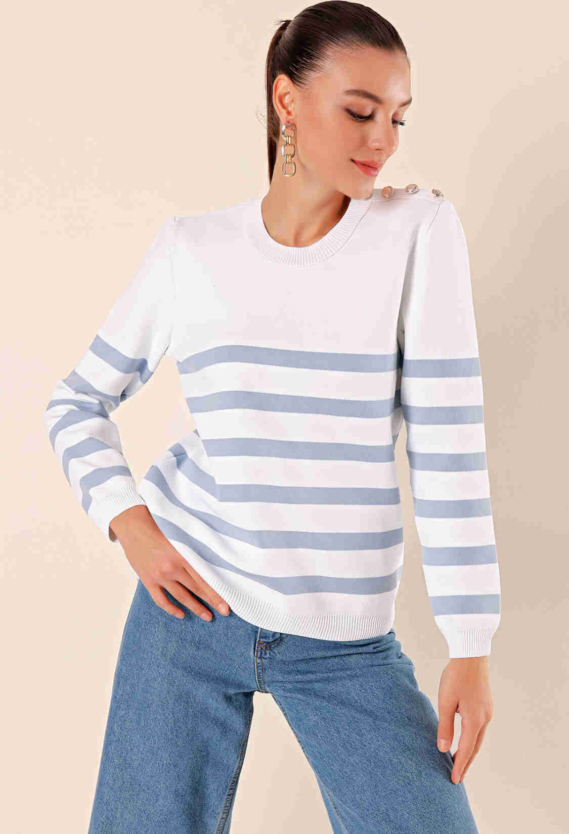 Button Detail Striped Sweater - C. İndigo - Brand: Bigdart - Women & Kids, Baby Clothes Wholesale - TheBS Women