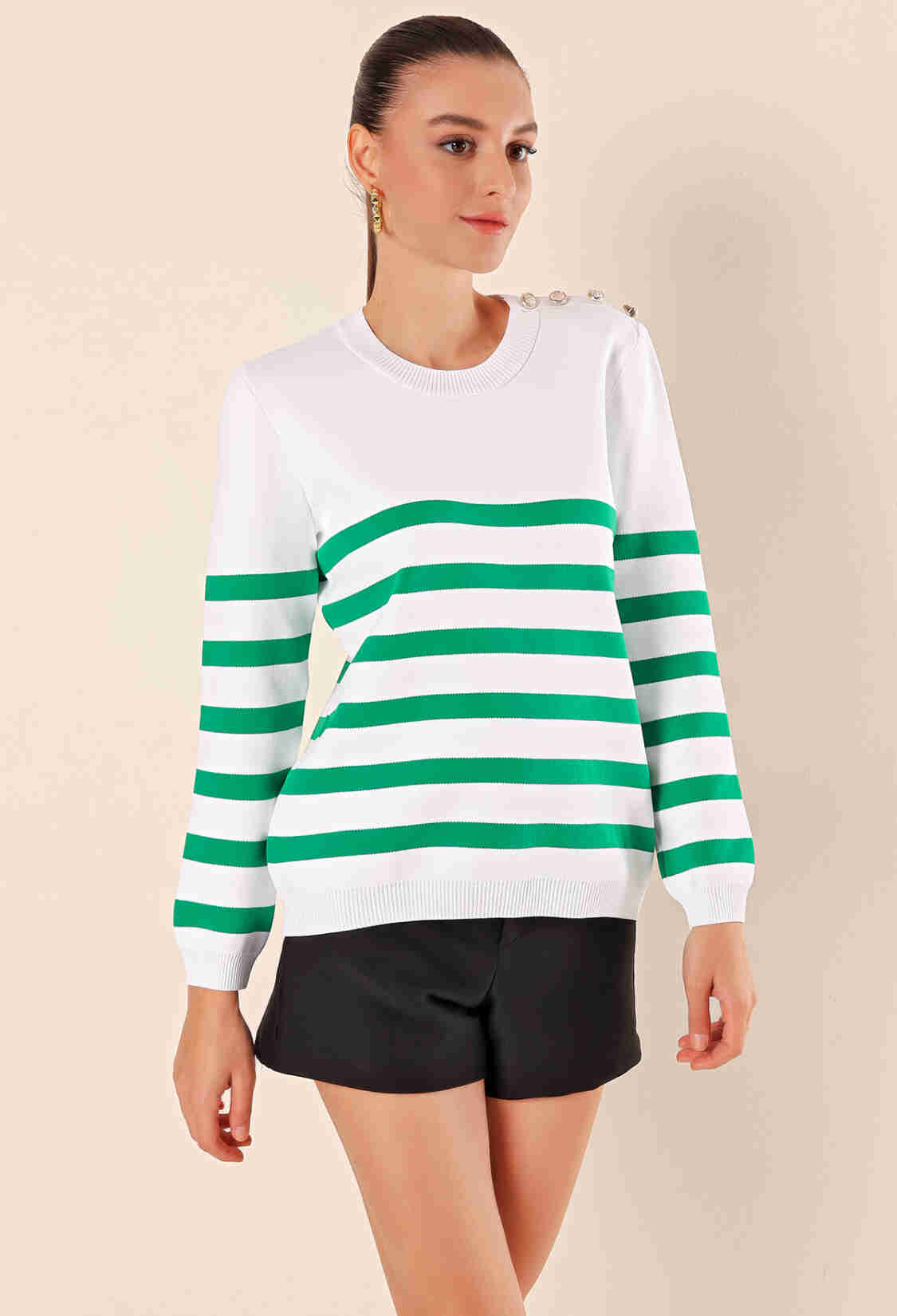 Button Detail Striped Sweater - C.green - Brand: Bigdart - Women & Kids, Baby Clothes Wholesale - TheBS Women
