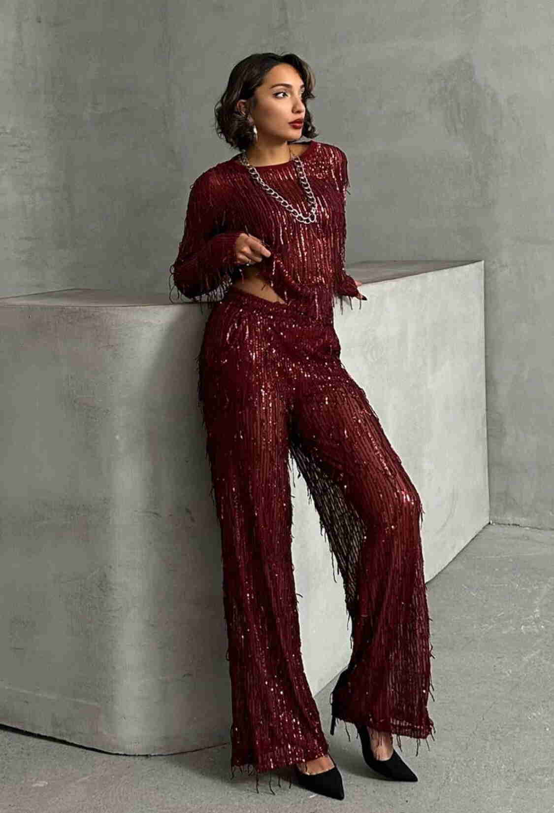 Burgundy Sequined Tulle Trousers - Brand: Topshow - Women & Kids, Baby Clothes Wholesale - TheBS Women