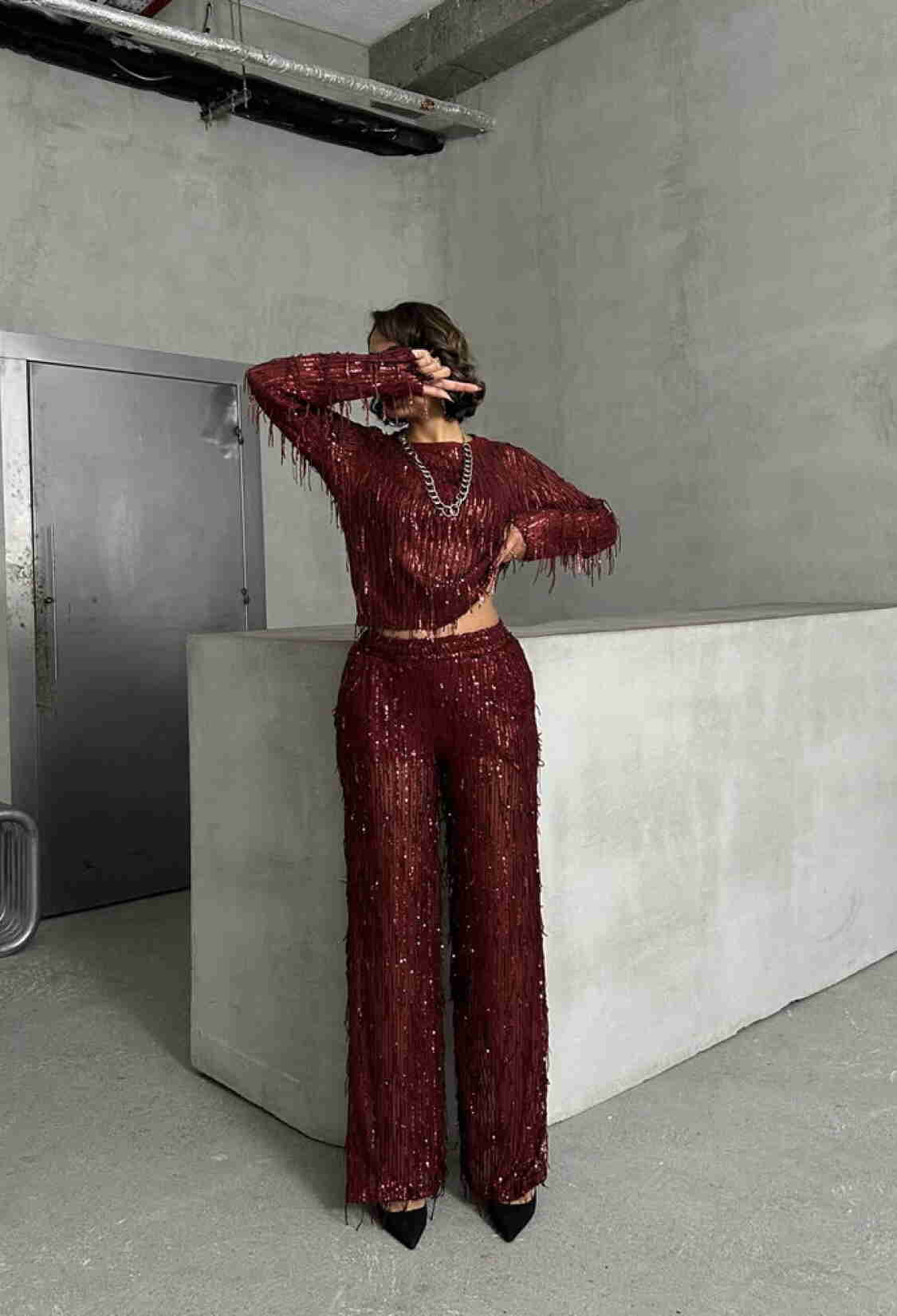 Burgundy Sequined Tulle Trousers - Brand: Topshow - Women & Kids, Baby Clothes Wholesale - TheBS Women