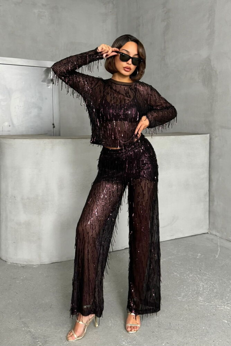 Black Burgundy Sequined Tulle Trousers - Brand: Topshow - Women & Kids, Baby Clothes Wholesale - TheBS Women