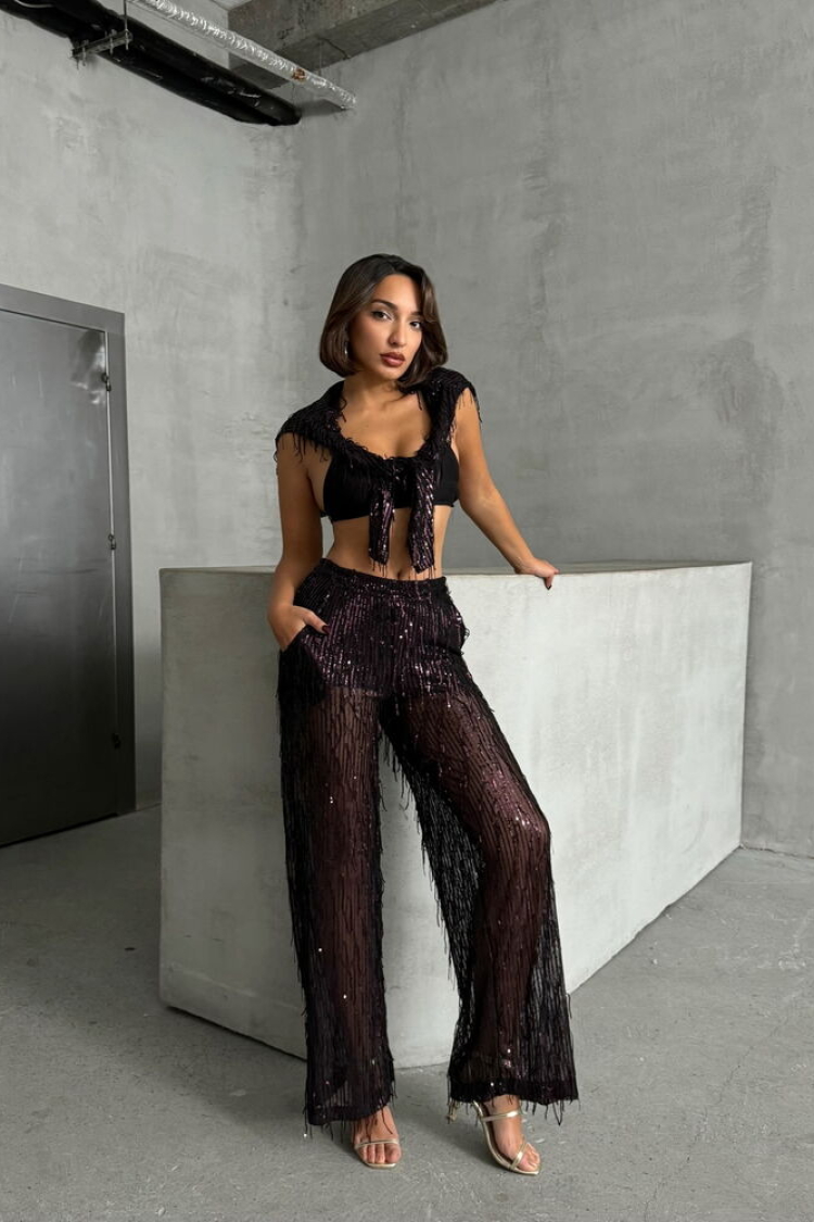 Black Burgundy Sequined Tulle Trousers - Brand: Topshow - Women & Kids, Baby Clothes Wholesale - TheBS Women