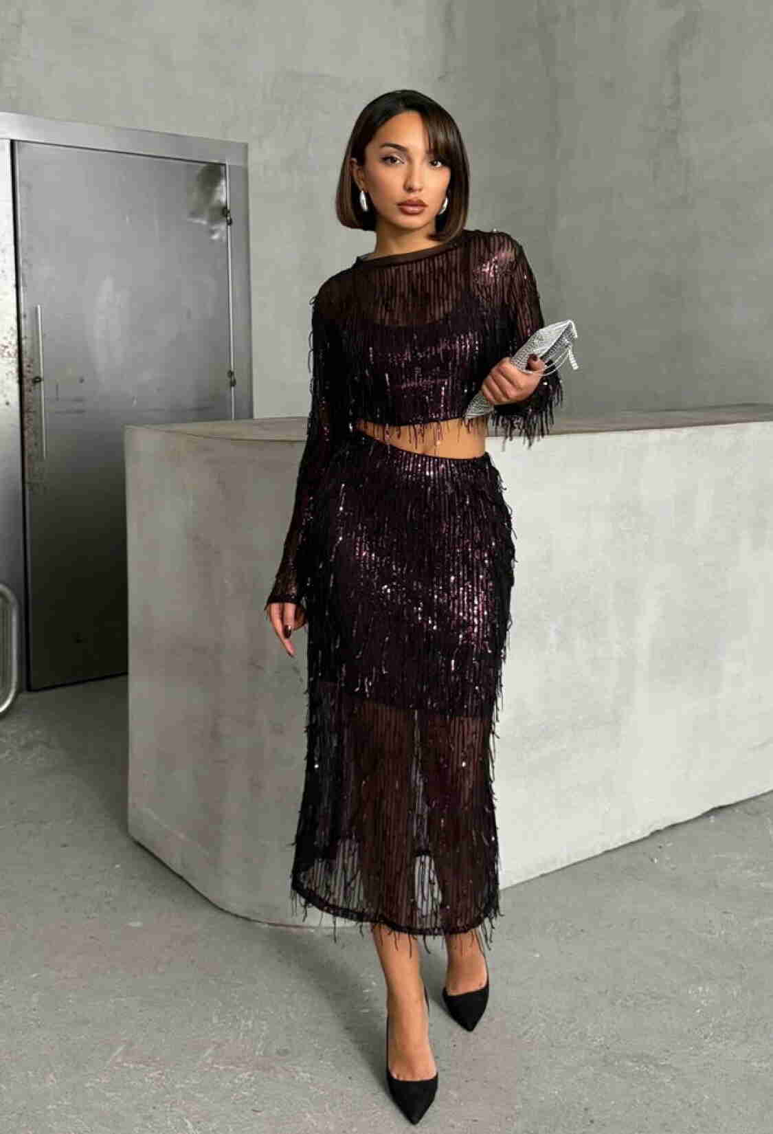 Black Burgundy Feather Sequin Skirt - Brand: Topshow - Women & Kids, Baby Clothes Wholesale - TheBS Women