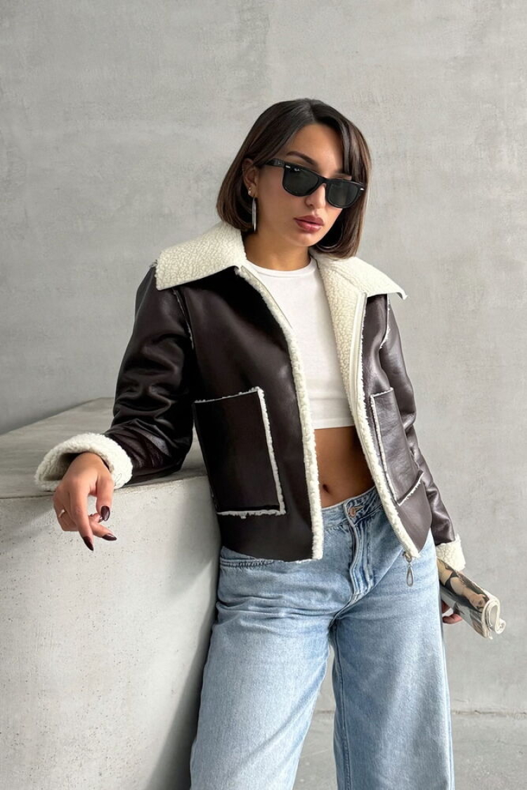 CoffeeLaminated Leather Zippered Coat - Brand: Topshow - Women & Kids, Baby Clothes Wholesale - TheBS Women