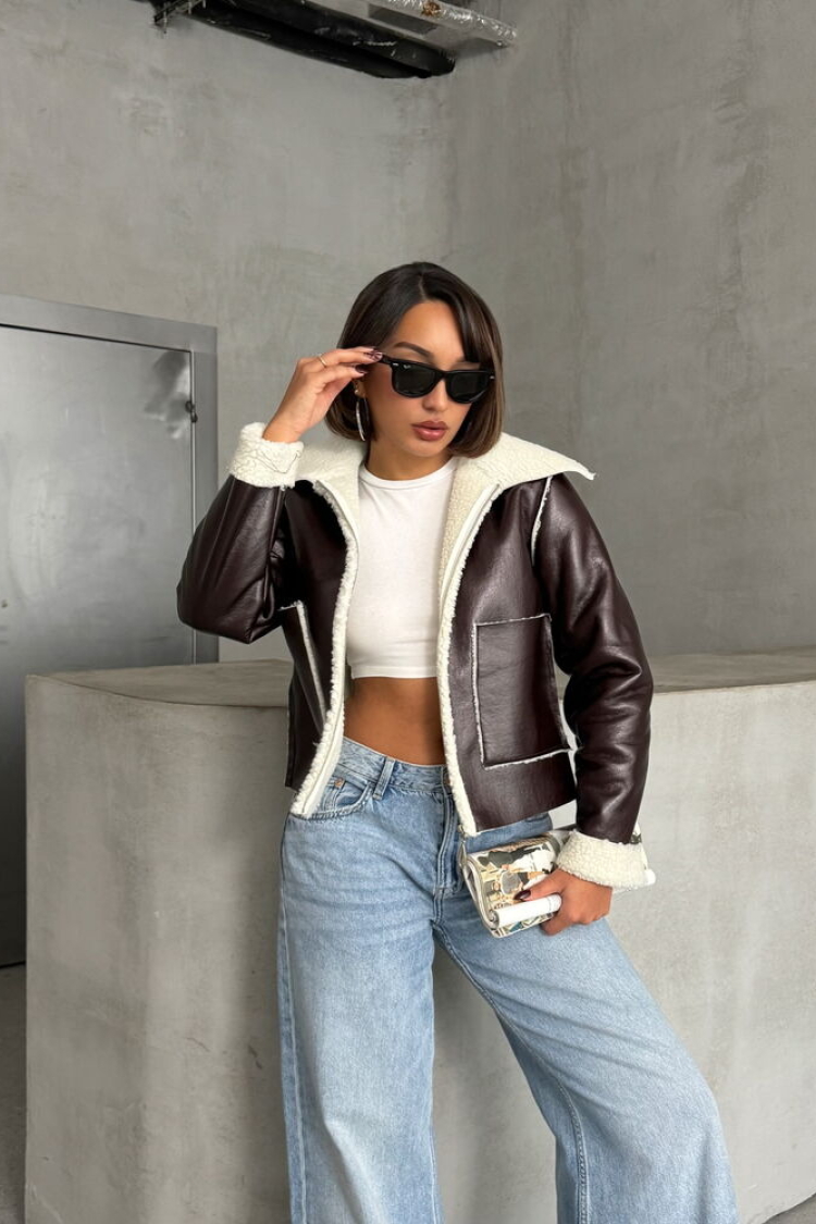 CoffeeLaminated Leather Zippered Coat - Brand: Topshow - Women & Kids, Baby Clothes Wholesale - TheBS Women