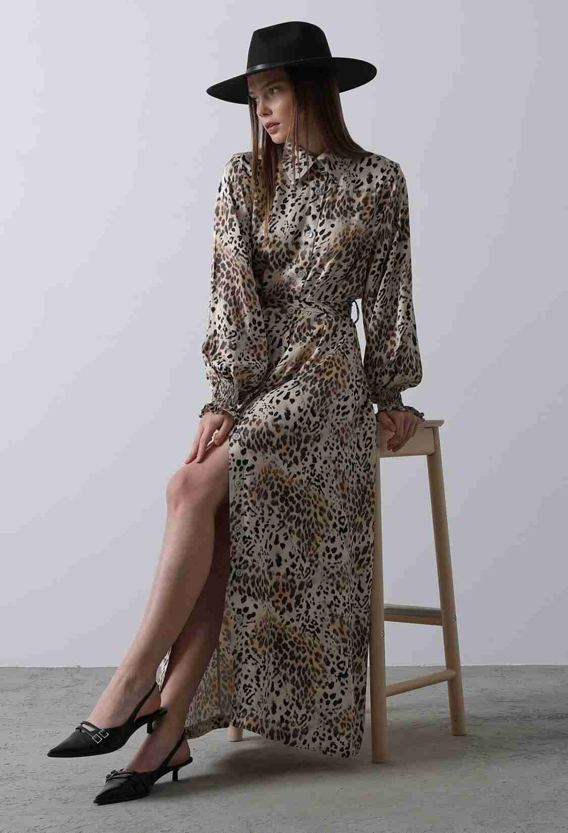 Leopard Patterned Gipel Dress - Brown - Brand: Reyon - Women & Kids, Baby Clothes Wholesale - TheBS Women