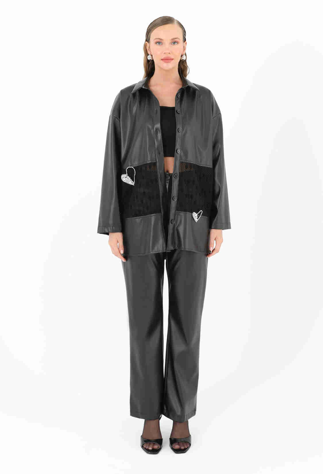 Women's Mesh Detailed Leather Shirt - Brand: SOUL - Women & Kids, Baby Clothes Wholesale - TheBS Women