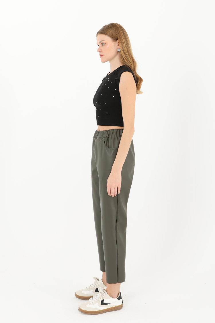 Women's Elastic Waist Pocket Detailed Leather Trousers - Brand: Puane - Women & Kids, Baby Clothes Wholesale - TheBS Women