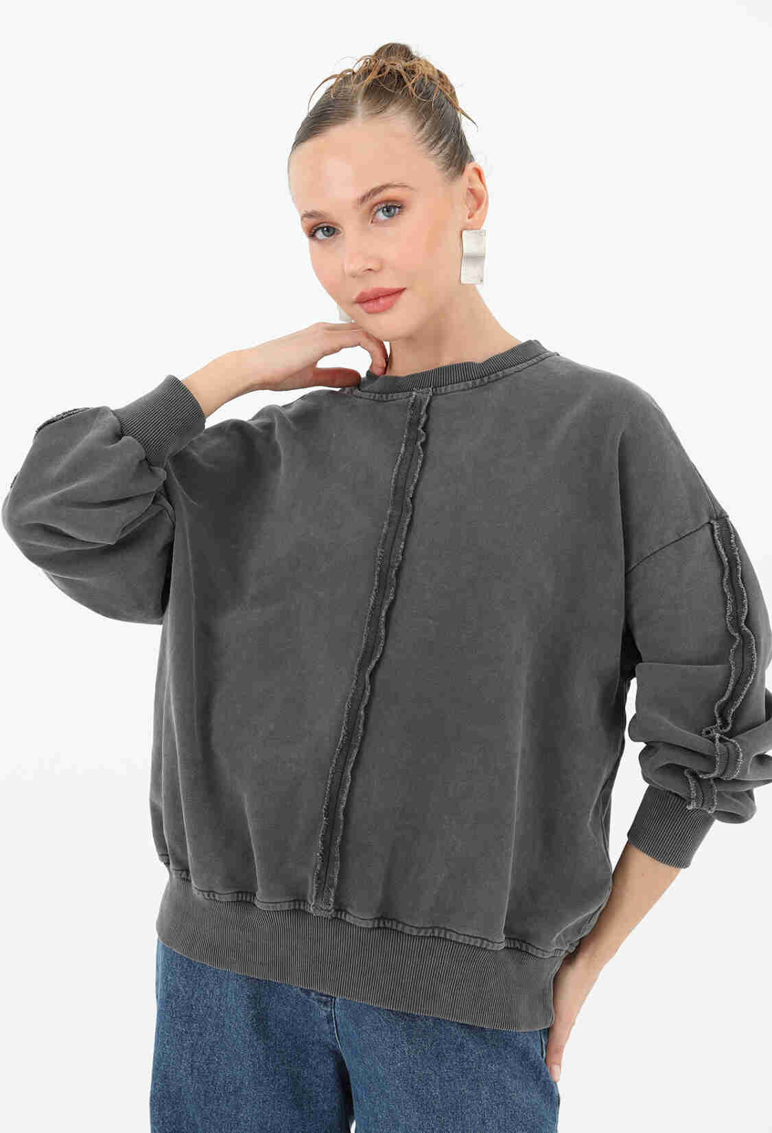 Distressed Sweatshirt With Stitching Details - Anthracite - Brand: SOUL - Women & Kids, Baby Clothes Wholesale - TheBS Women