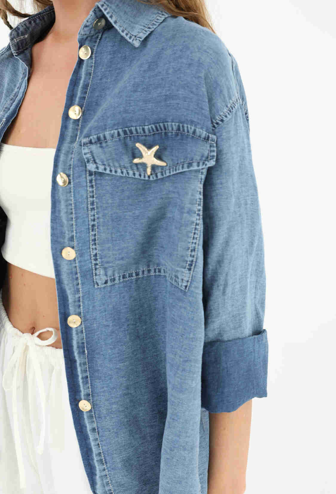 Pocket Accessory Denim Shirt - Brand: SOUL - Women & Kids, Baby Clothes Wholesale - TheBS Women