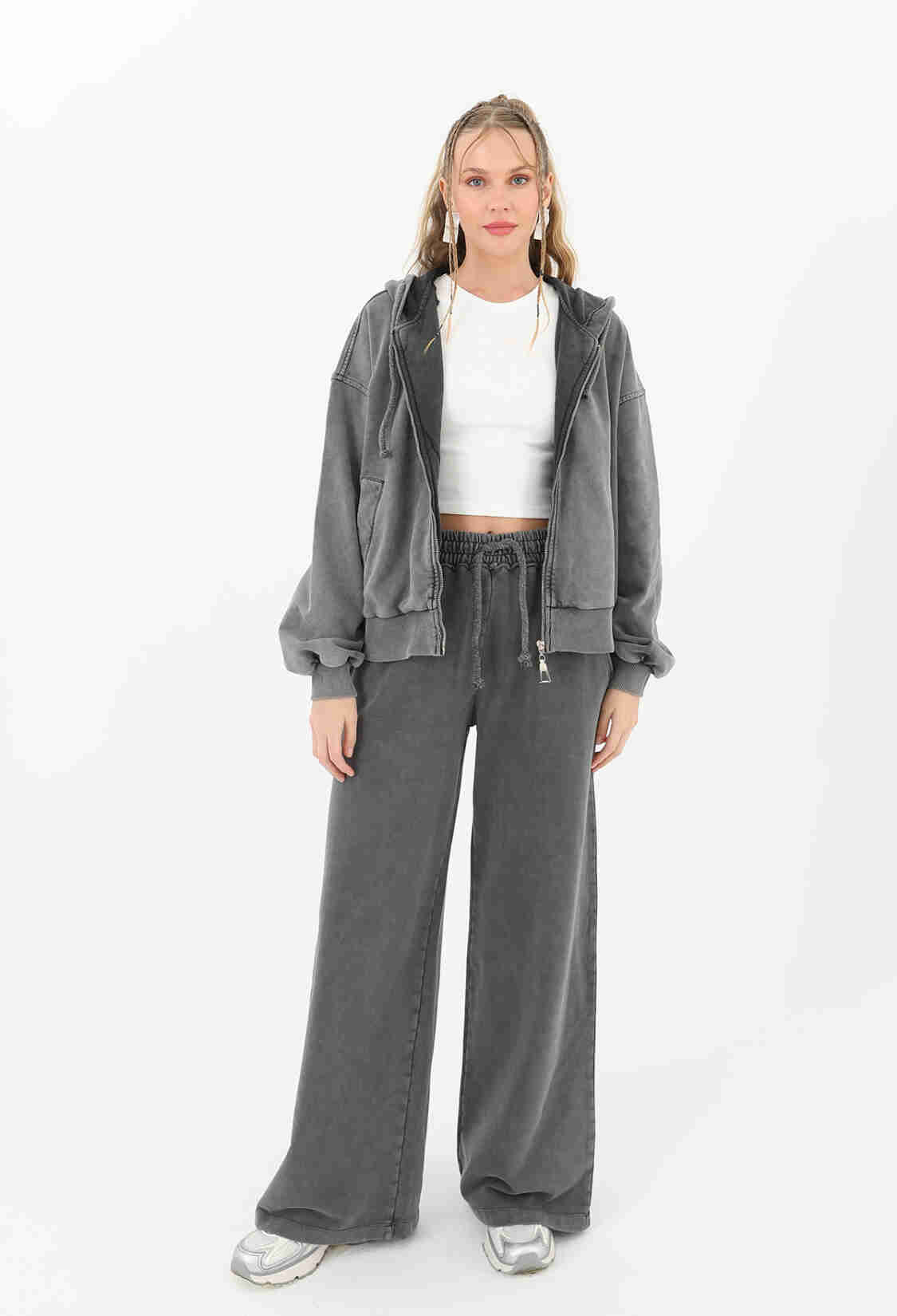Elastic Waist Wide Leg Distressed Trousers - Anthracite - Brand: SOUL - Women & Kids, Baby Clothes Wholesale - TheBS Women