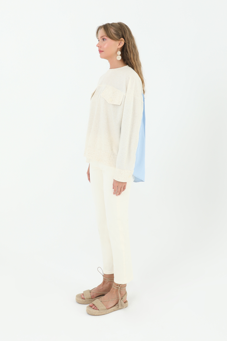 Front Pocket Back Poplin Blouse - Beige & Blue - Brand: SOUL - Women & Kids, Baby Clothes Wholesale - TheBS Women