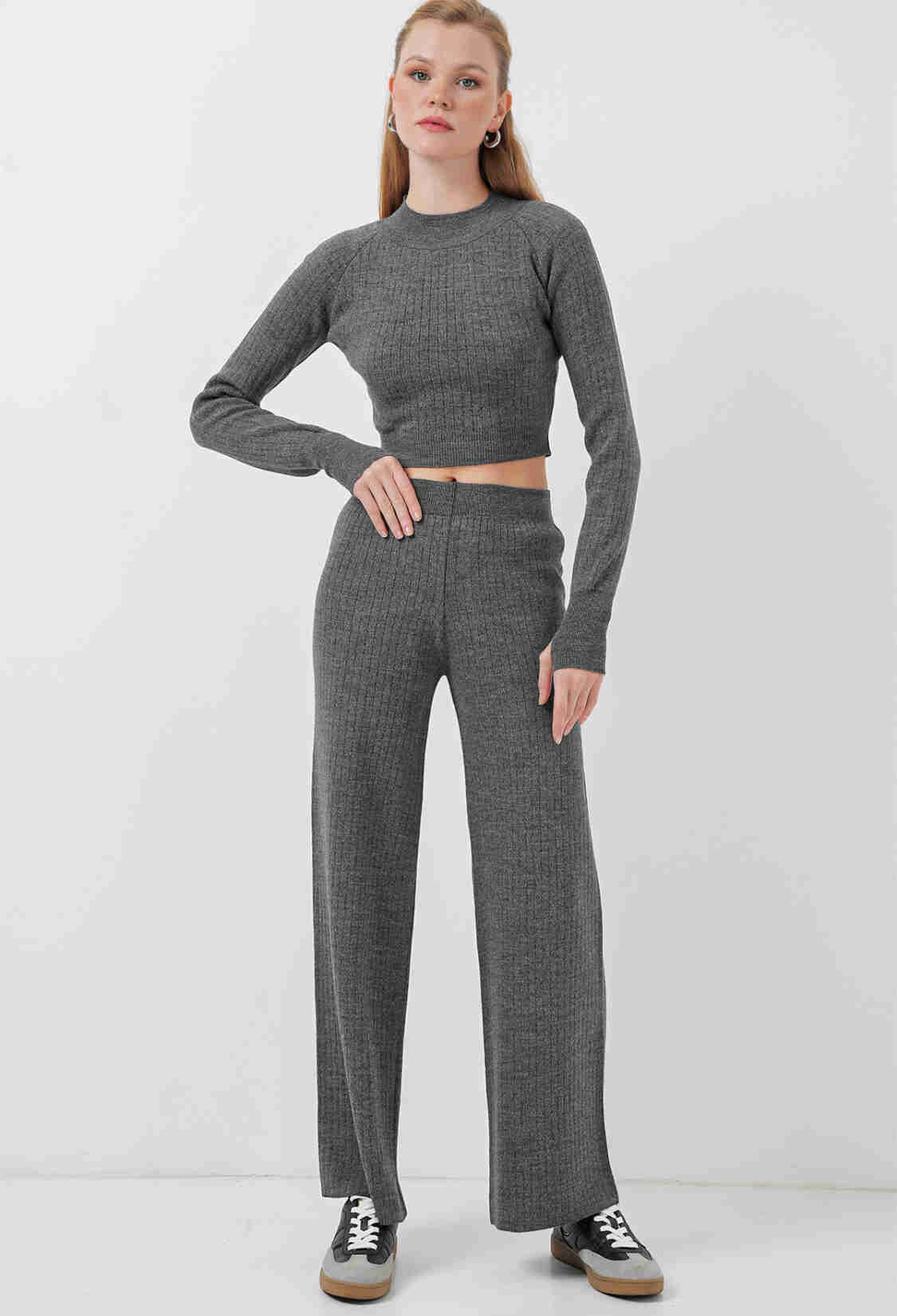 Women's Crop Sweater Trousers Knitwear Bottom Top Set - Smoke - Brand: Bigdart - Women & Kids, Baby Clothes Wholesale - TheBS Women