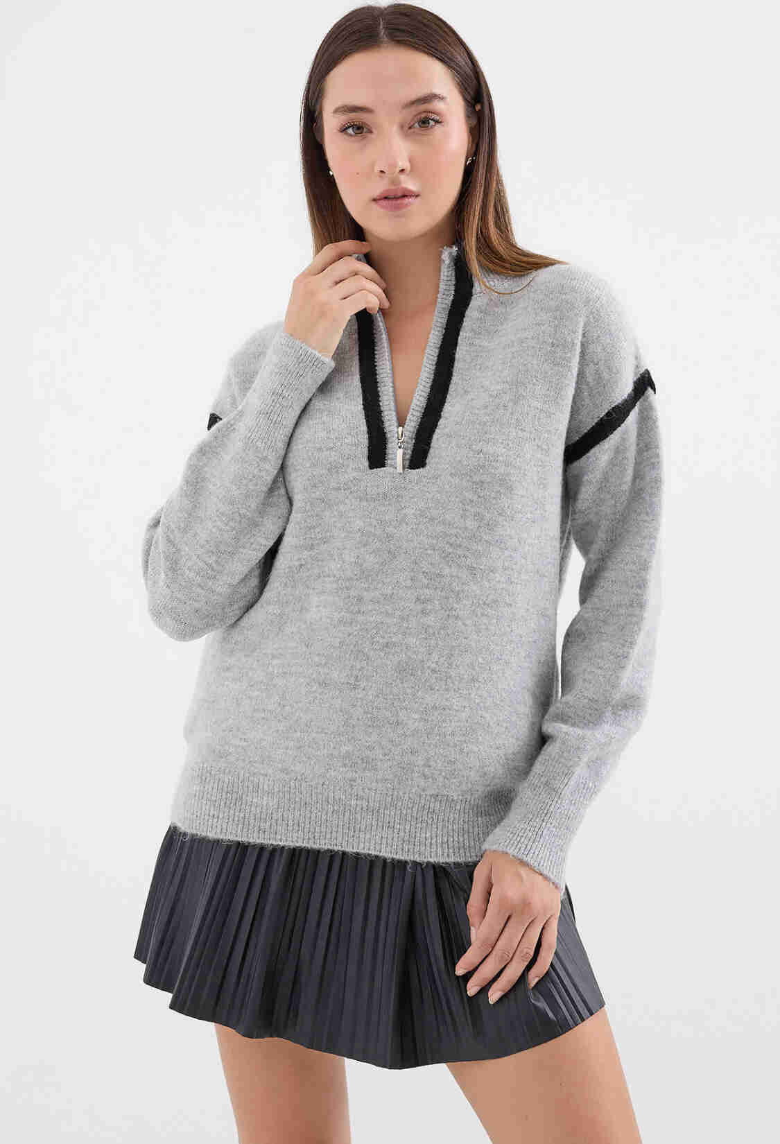 Zippered Oversize Sweater - Gray - Brand: Bigdart - Women & Kids, Baby Clothes Wholesale - TheBS Women