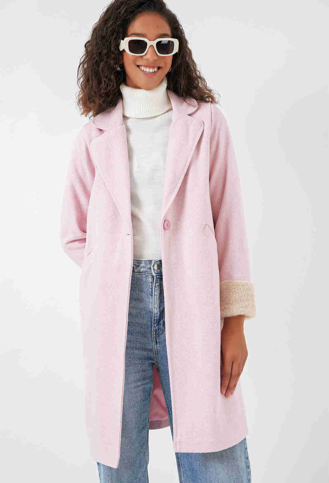 Herringbone Cashmere Coat With Feathered Sleeves - Powder - Brand: Bigdart - Women & Kids, Baby Clothes Wholesale - TheBS Women