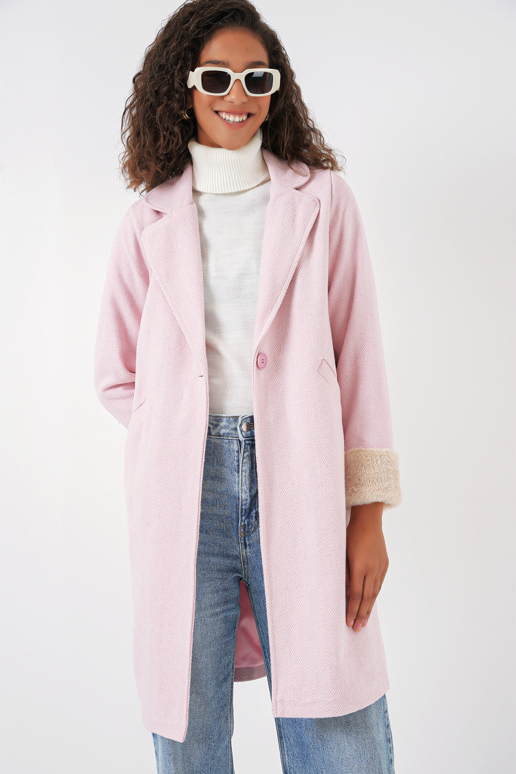 Herringbone Cashmere Coat With Feathered Sleeves - Powder - Brand: Bigdart - Women & Kids, Baby Clothes Wholesale - TheBS Women