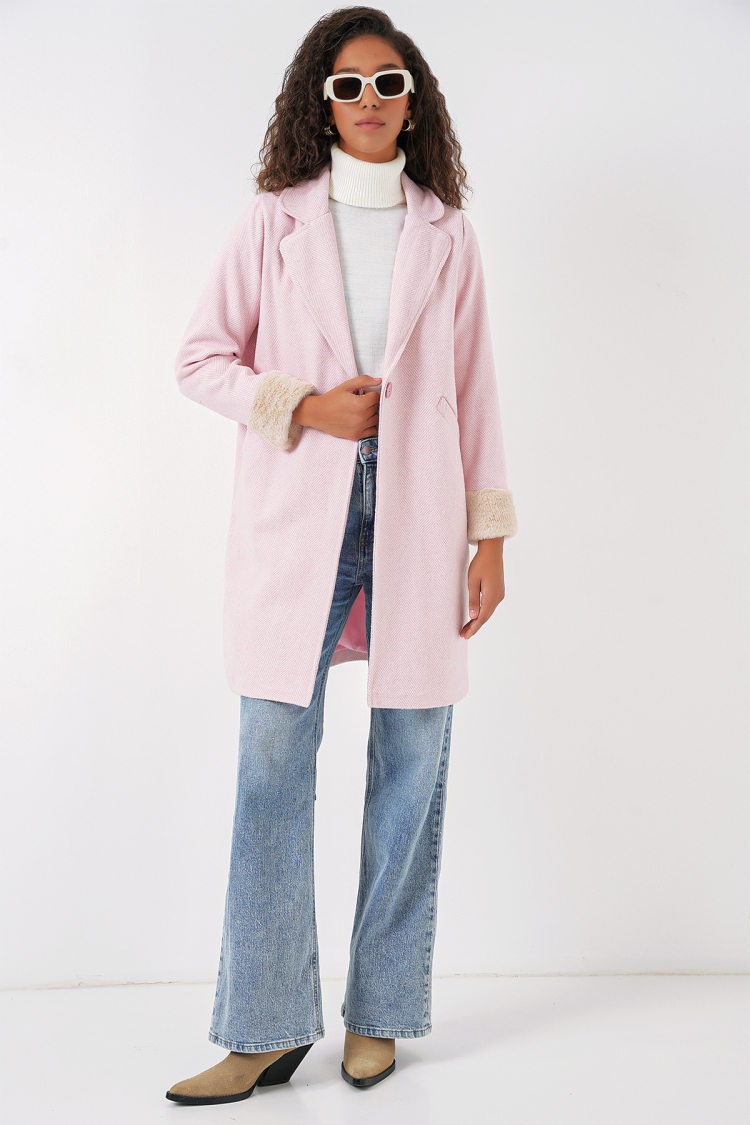 Herringbone Cashmere Coat With Feathered Sleeves - Powder - Brand: Bigdart - Women & Kids, Baby Clothes Wholesale - TheBS Women