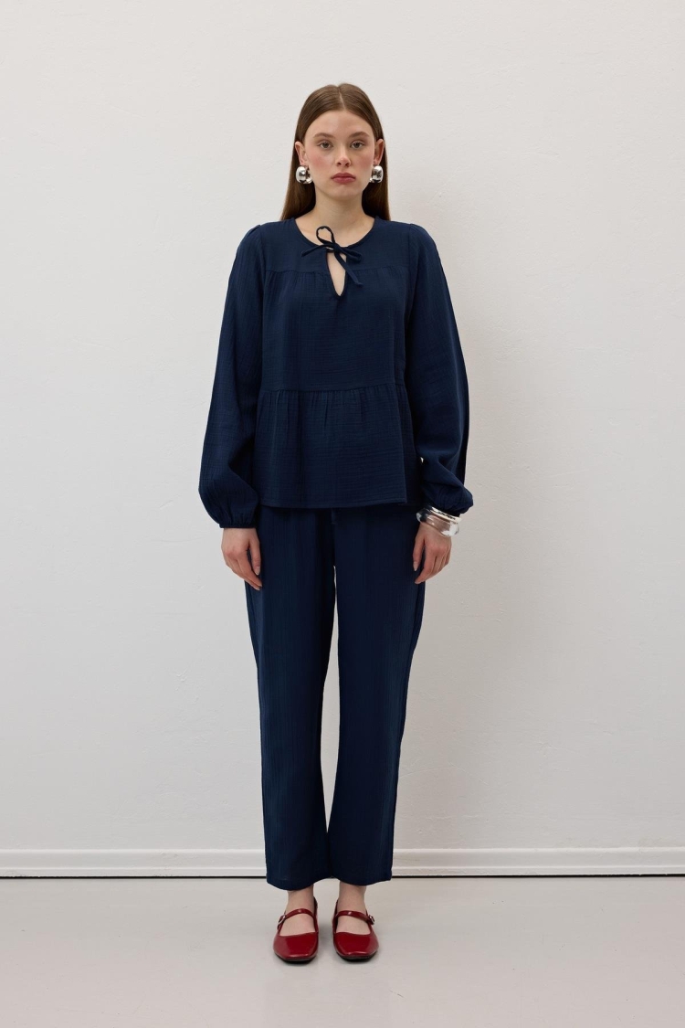 Mueslin Salaş Elastic Waist Women's Pants Navy - Brand: Levure - Women & Kids, Baby Clothes Wholesale - TheBS Women