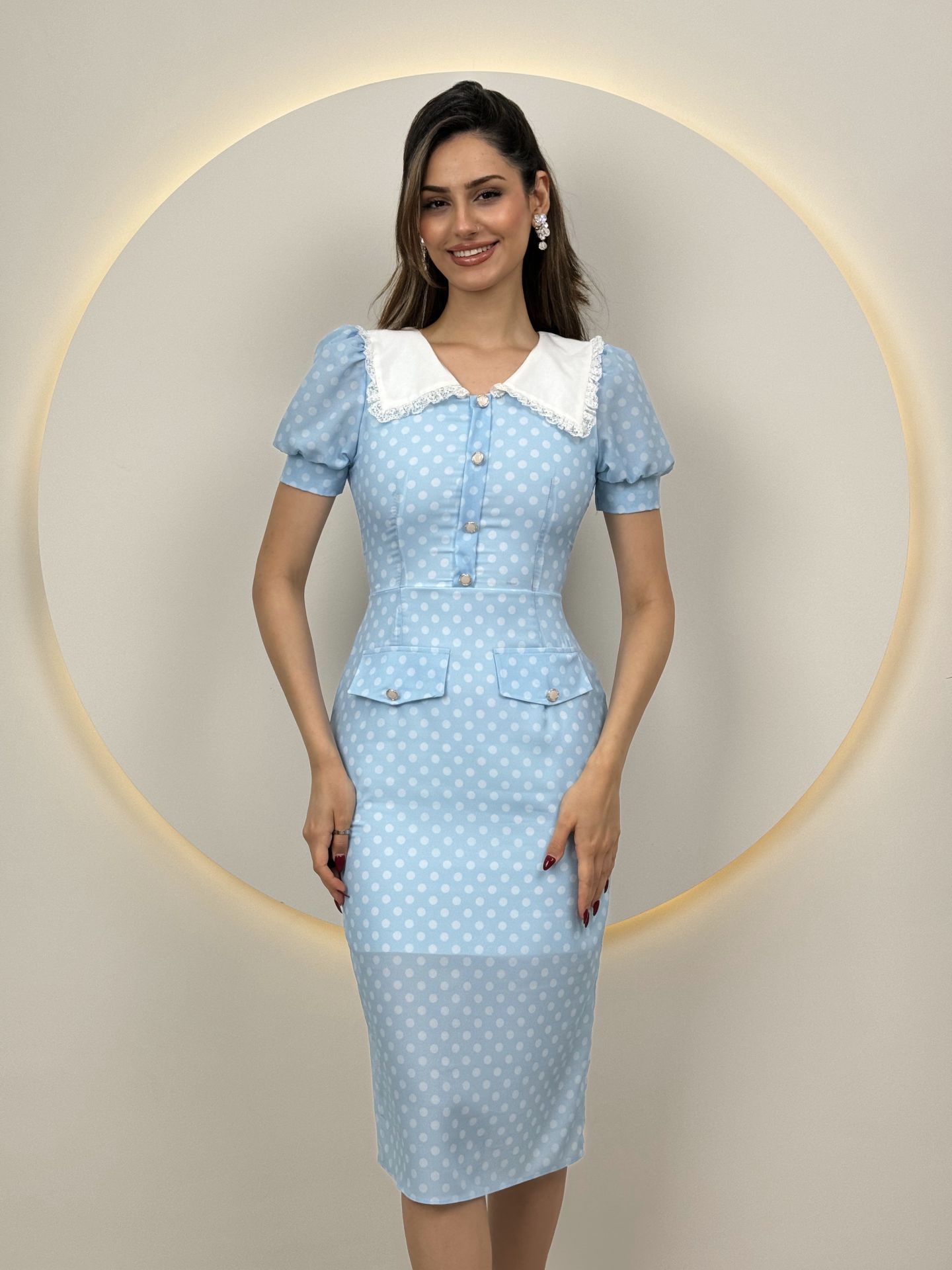 Collar Lace Detail Polka Dot Dress - Brand: Miss Janell - Women & Kids, Baby Clothes Wholesale - TheBS Women