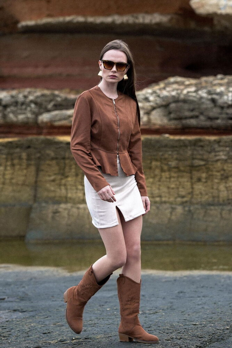 Tan Suede Zippered Wholesale Blouse - Brand: Topshow - Women & Kids, Baby Clothes Wholesale - TheBS Women