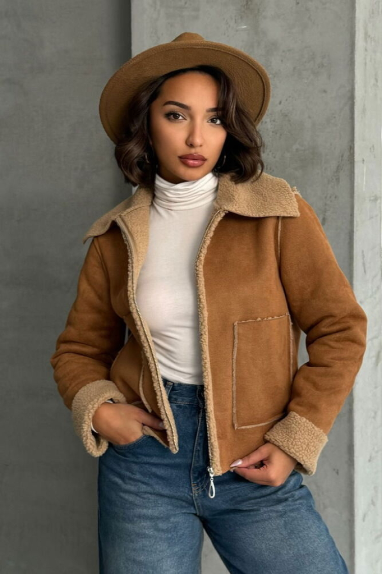 Suede Plush Coat - Tan - Brand: Topshow - Women & Kids, Baby Clothes Wholesale - TheBS Women