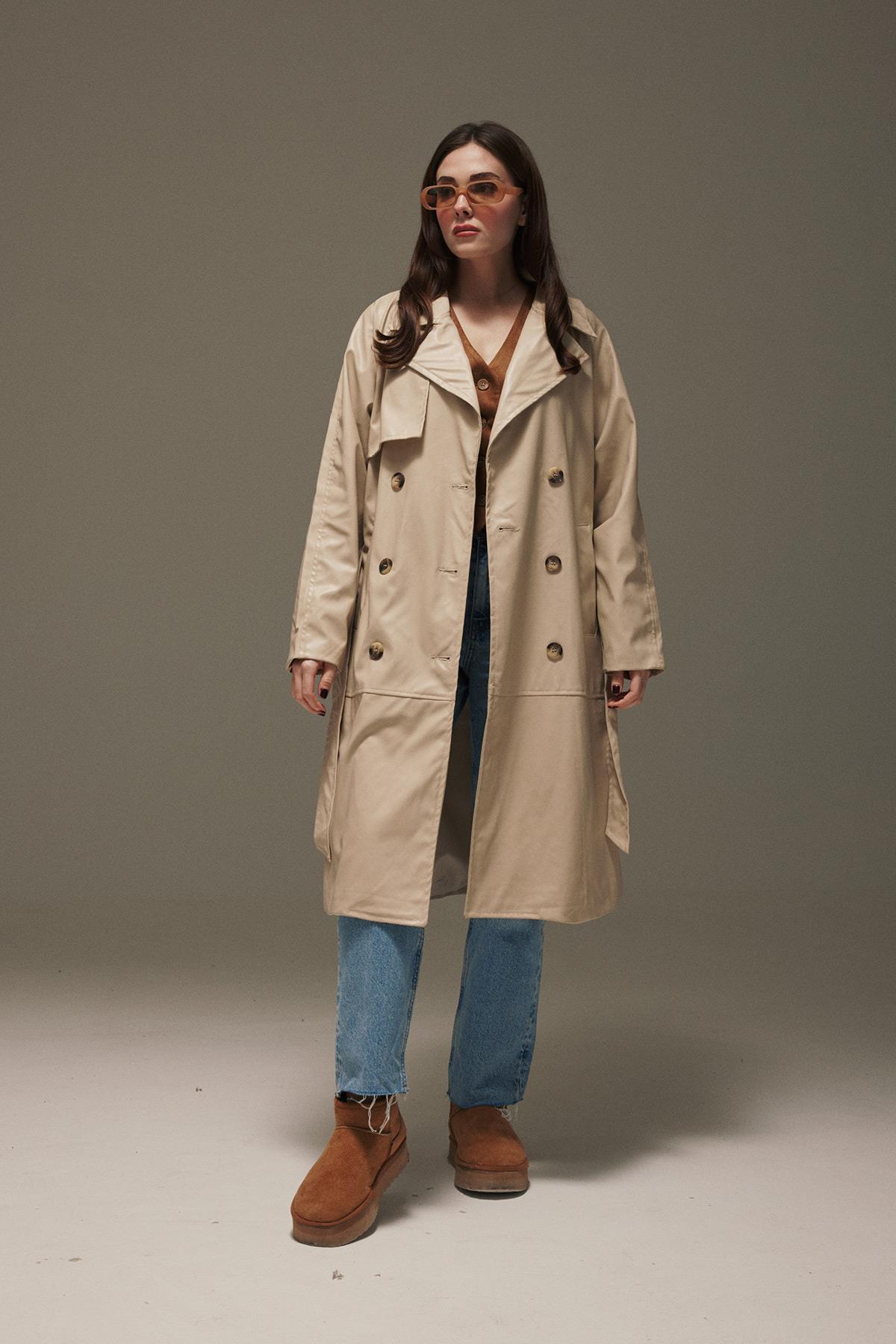 Leather Fabric Women's Trench Coat With Belted Waist - Brand: Levure - Women & Kids, Baby Clothes Wholesale - TheBS Women